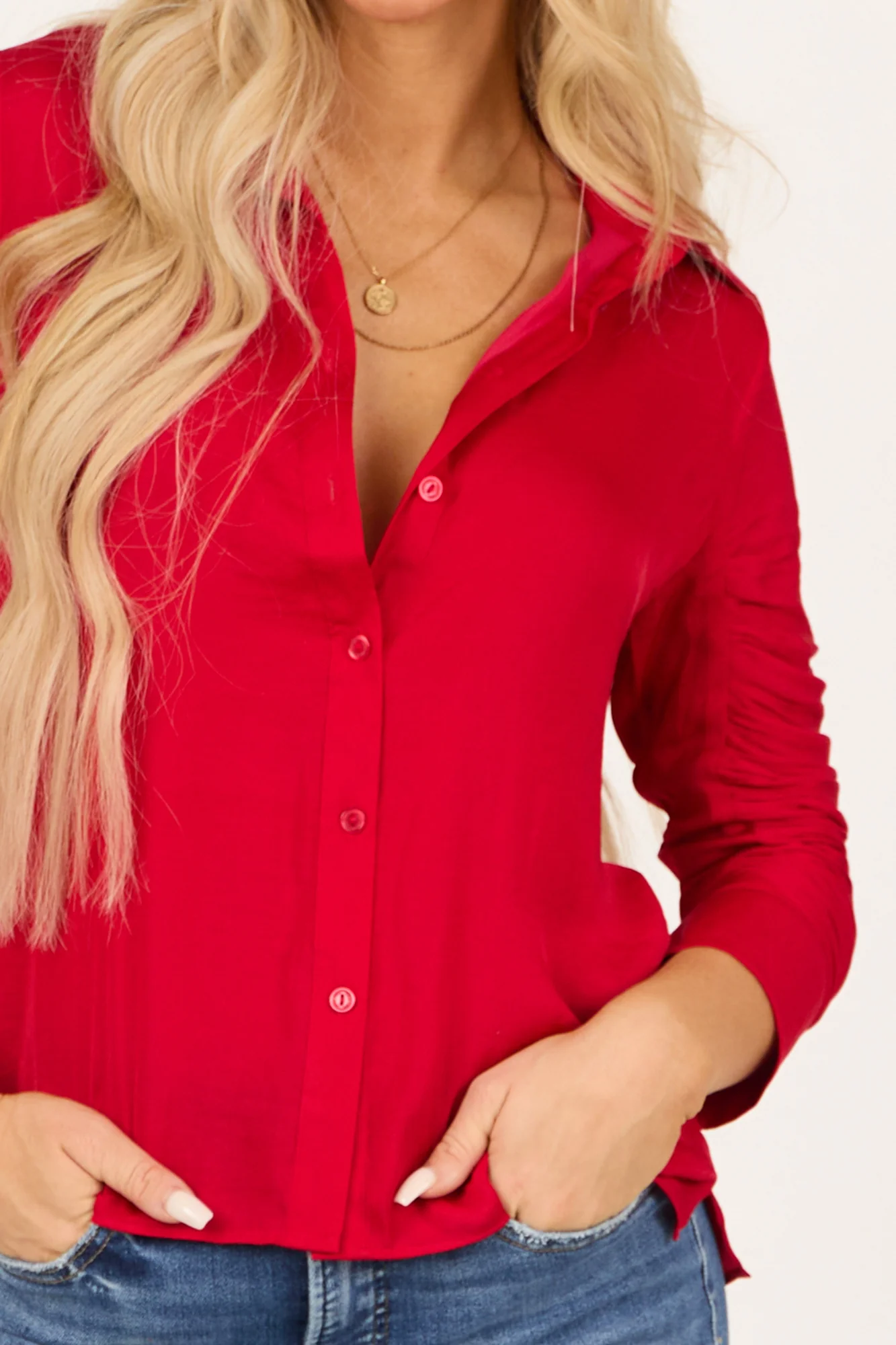 Ruched Red Button-Down Long Sleeve Top