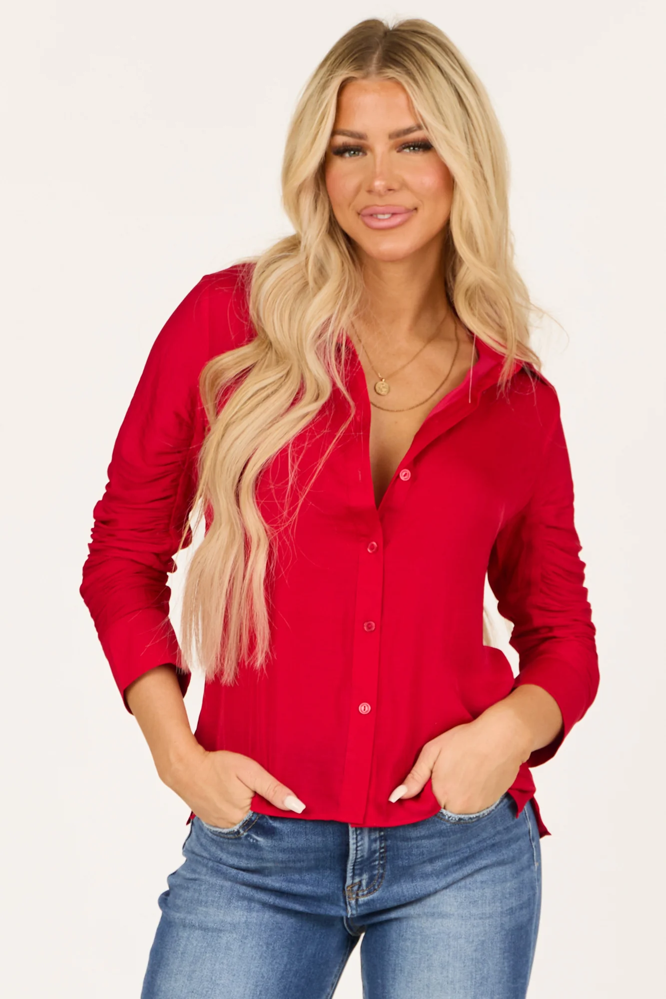 Ruched Red Button-Down Long Sleeve Top