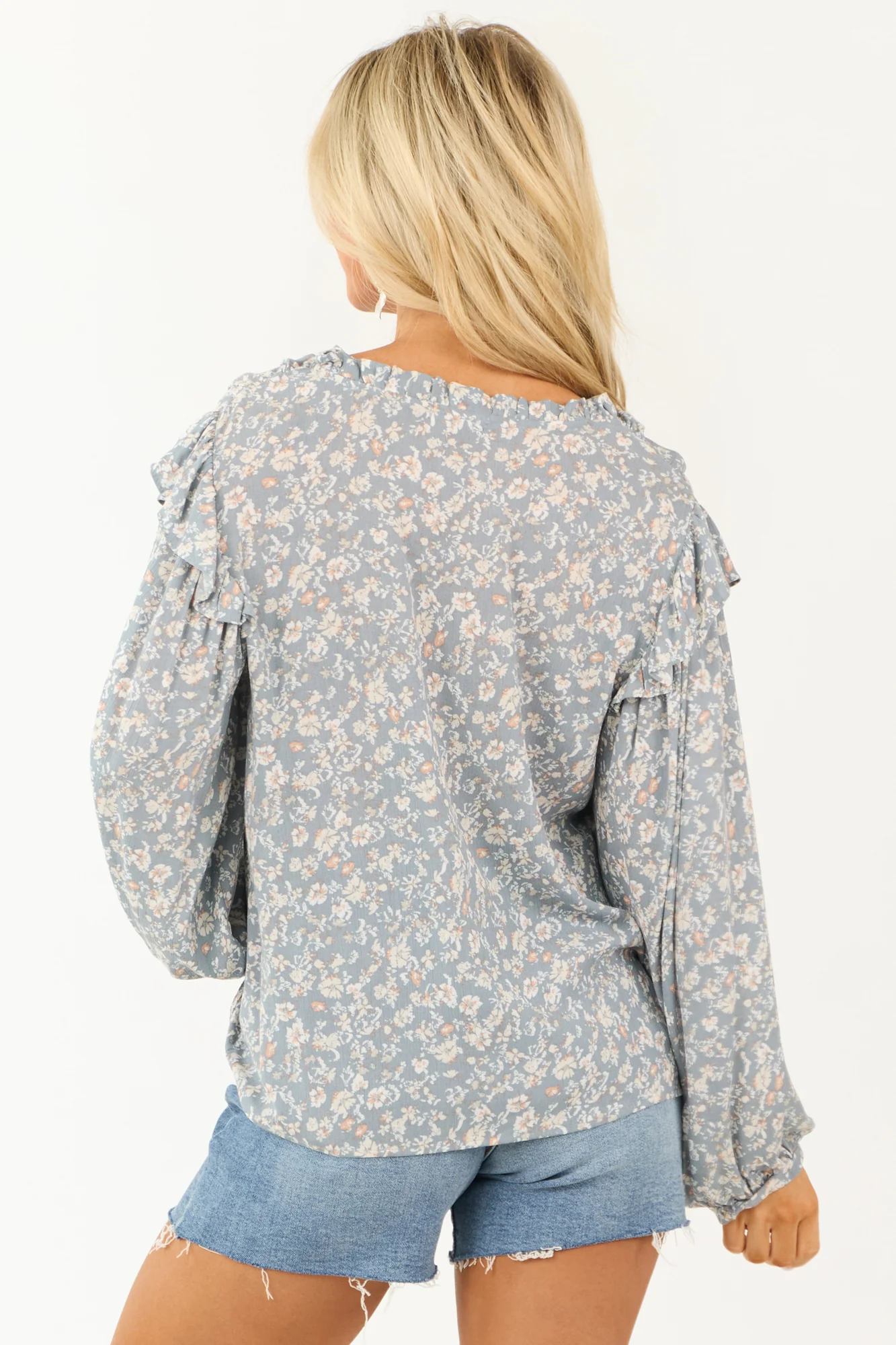 Slate Blue Floral Peasant Blouse Round Neckline