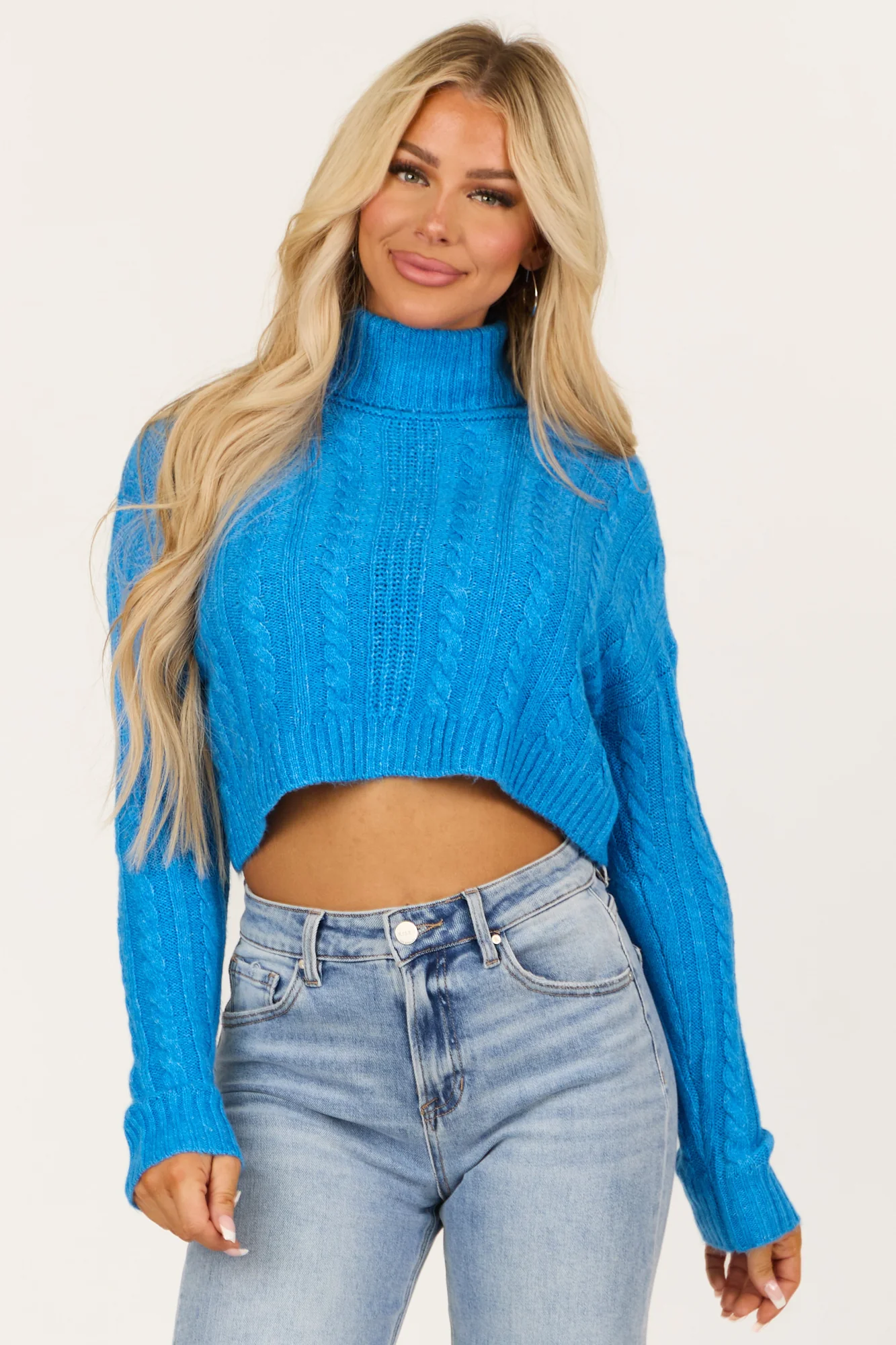 Blue Cable Knit Turtleneck Sweater