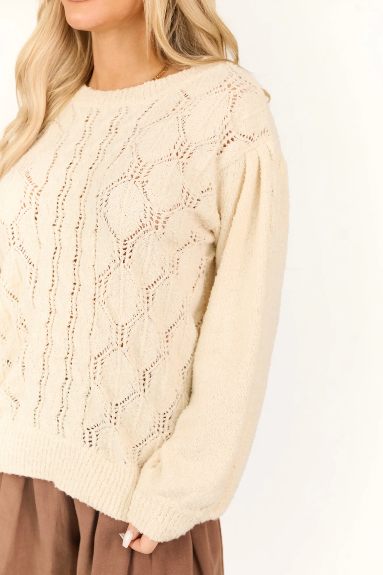 White Pointelle Knit Crew Neck Sweater