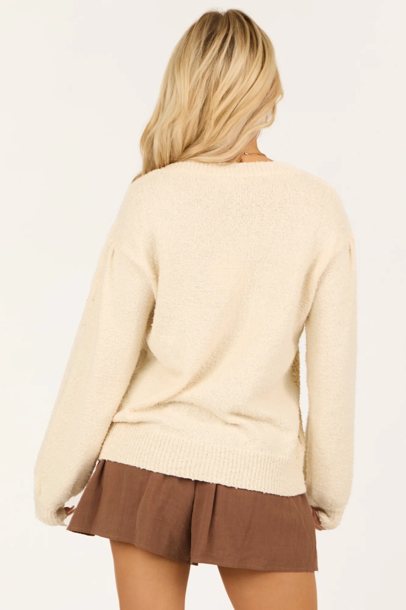 White Pointelle Knit Crew Neck Sweater