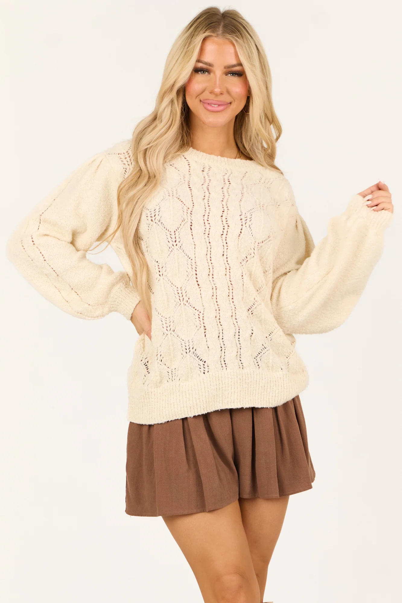White Pointelle Knit Crew Neck Sweater