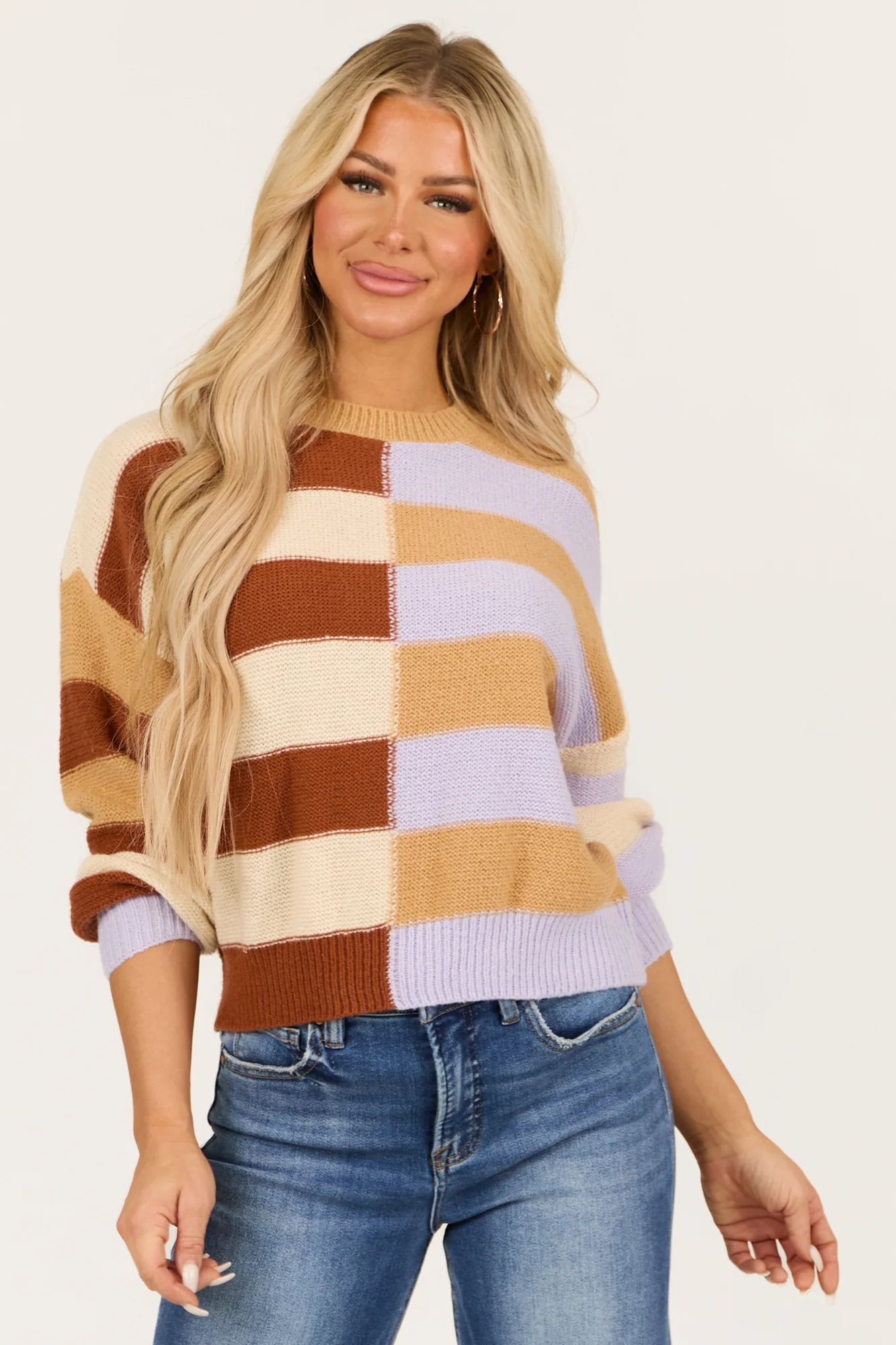 Striped Beige Balloon Sleeve Knit Sweater