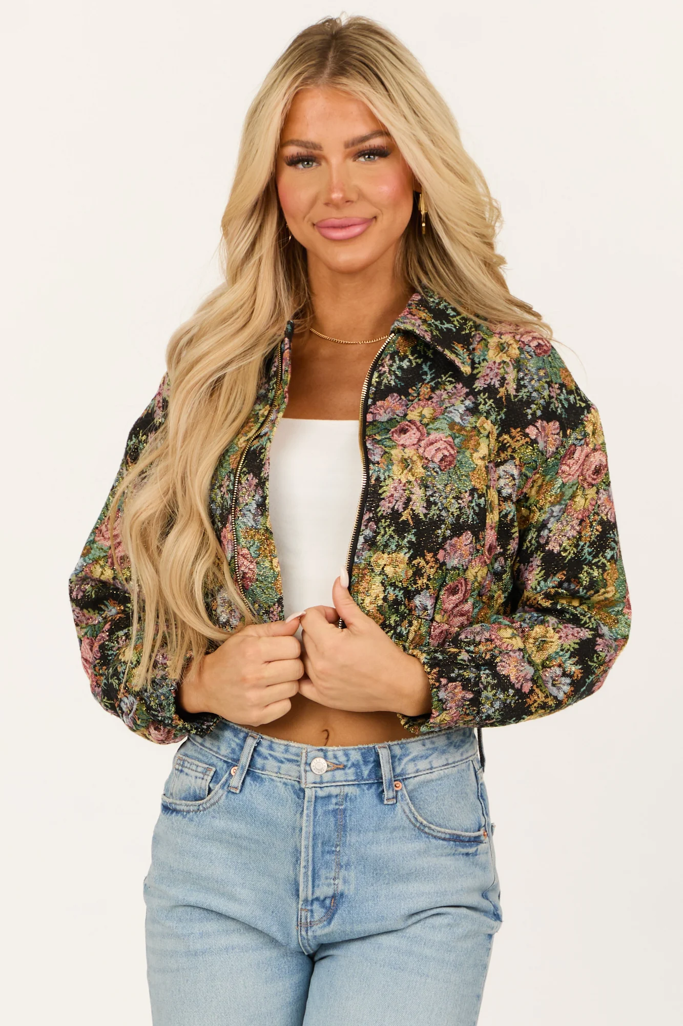 Floral Print Cropped Bomber Jacket - Black