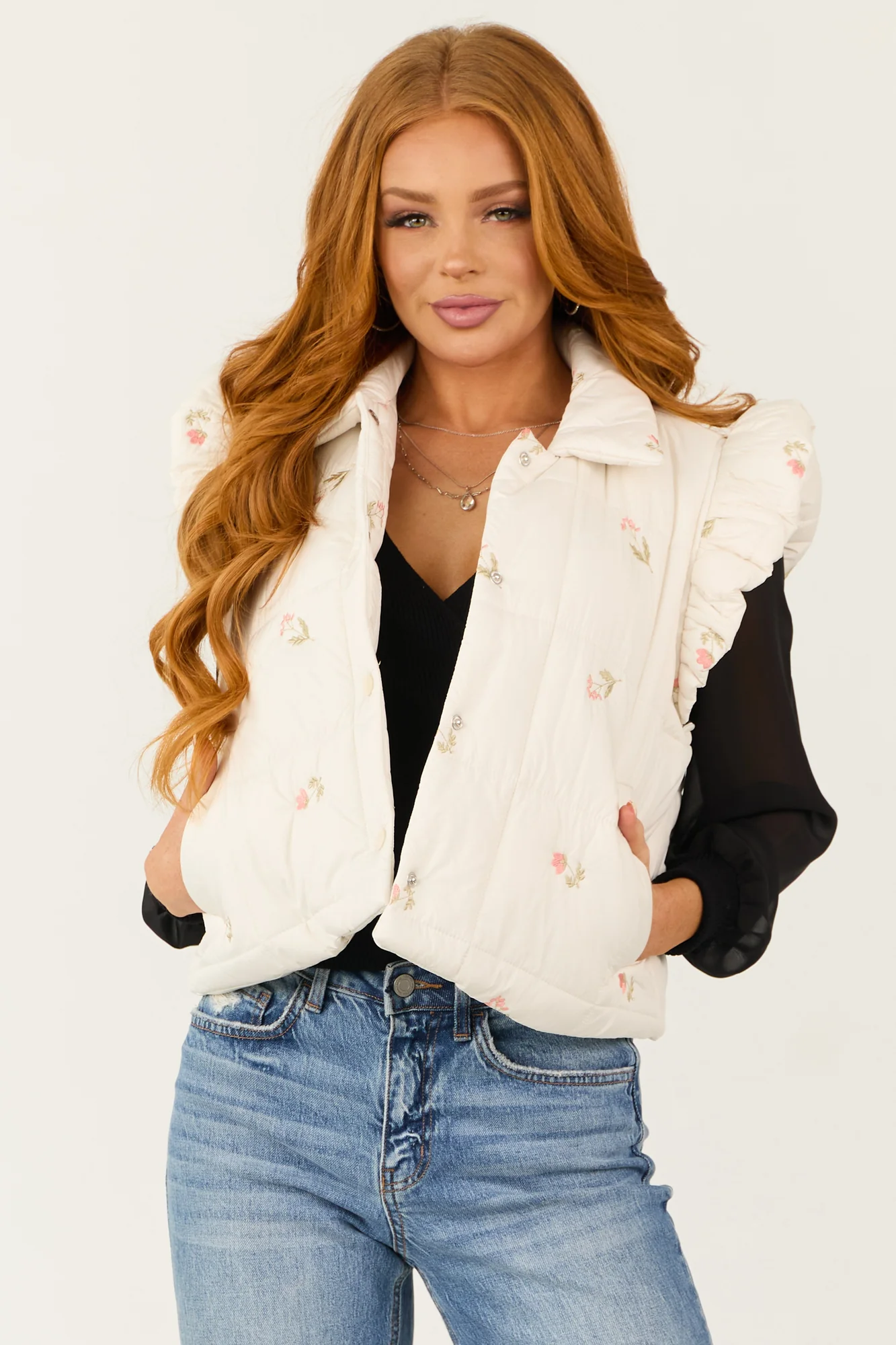 Floral Embroidered Ruffle Vest - White Cap Sleeve