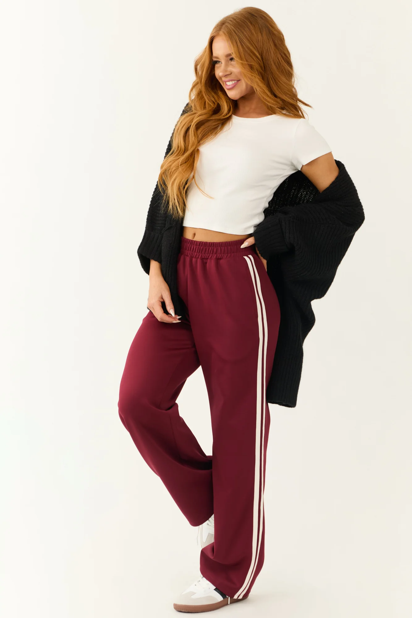Burgundy Side Stripe Wide Leg Pants