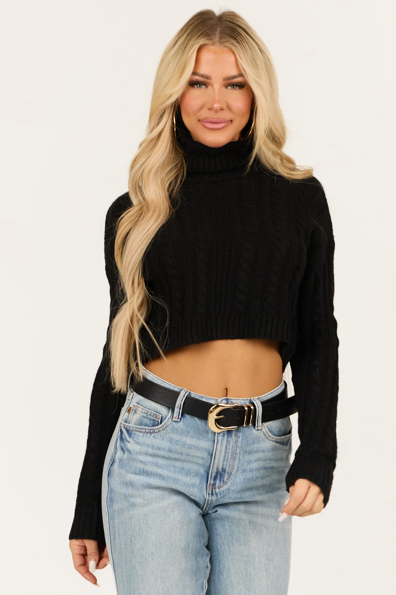 Black Cable Knit Turtleneck Sweater - Womens Knitwear