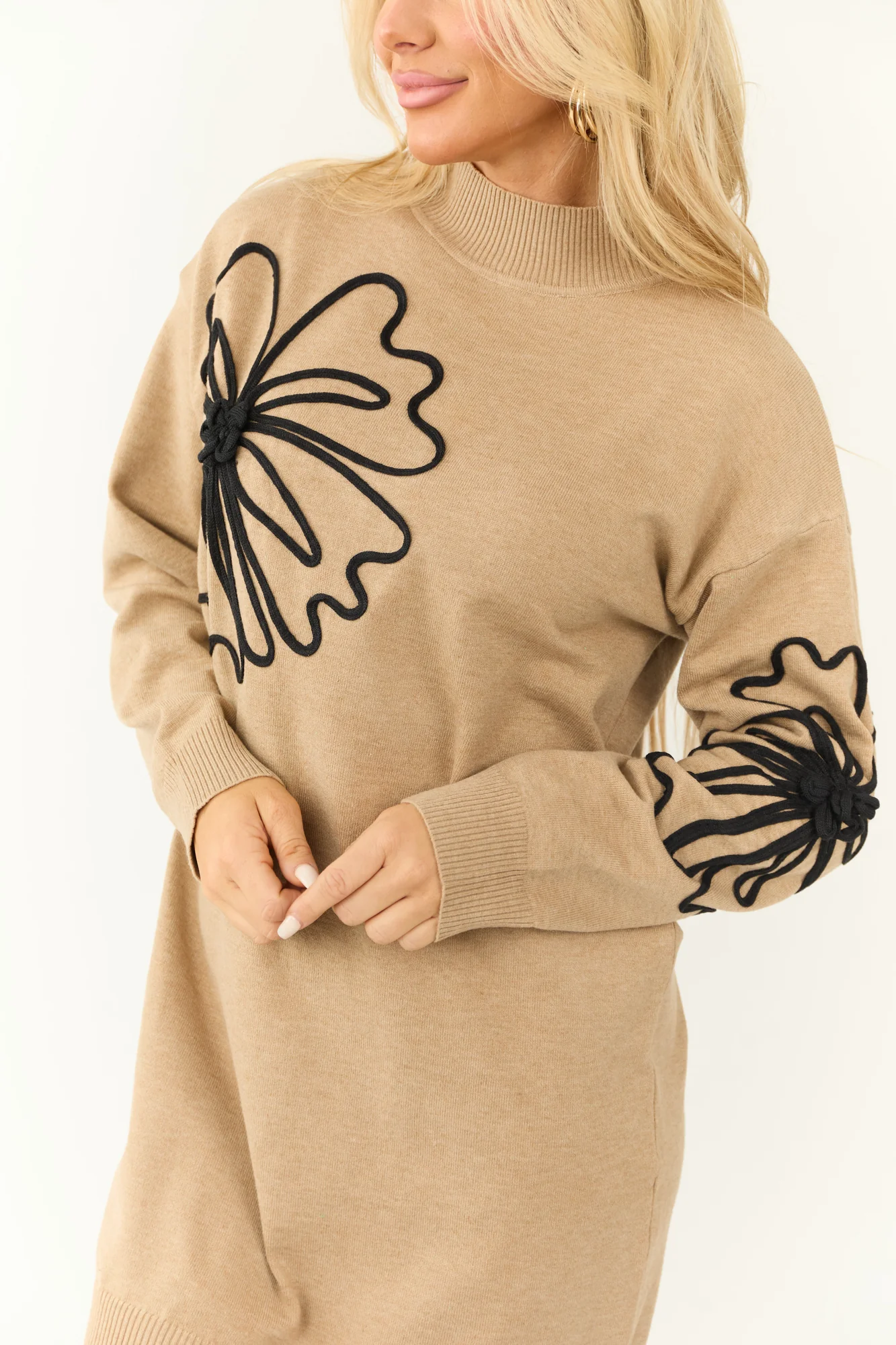 Brown Floral Embroidered Shift Sweater Dress
