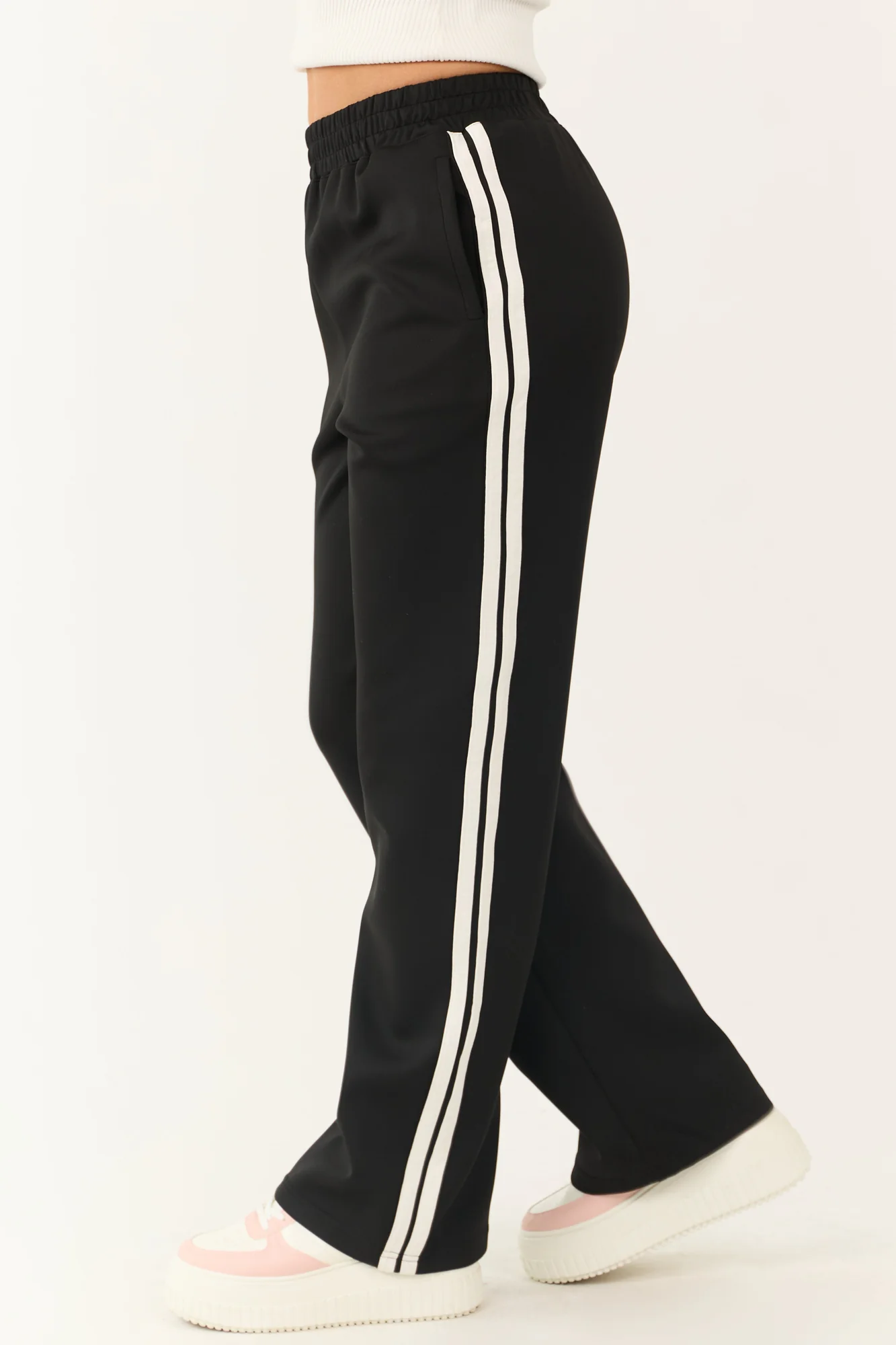 Black Side Stripe Wide Leg Casual Track Pants