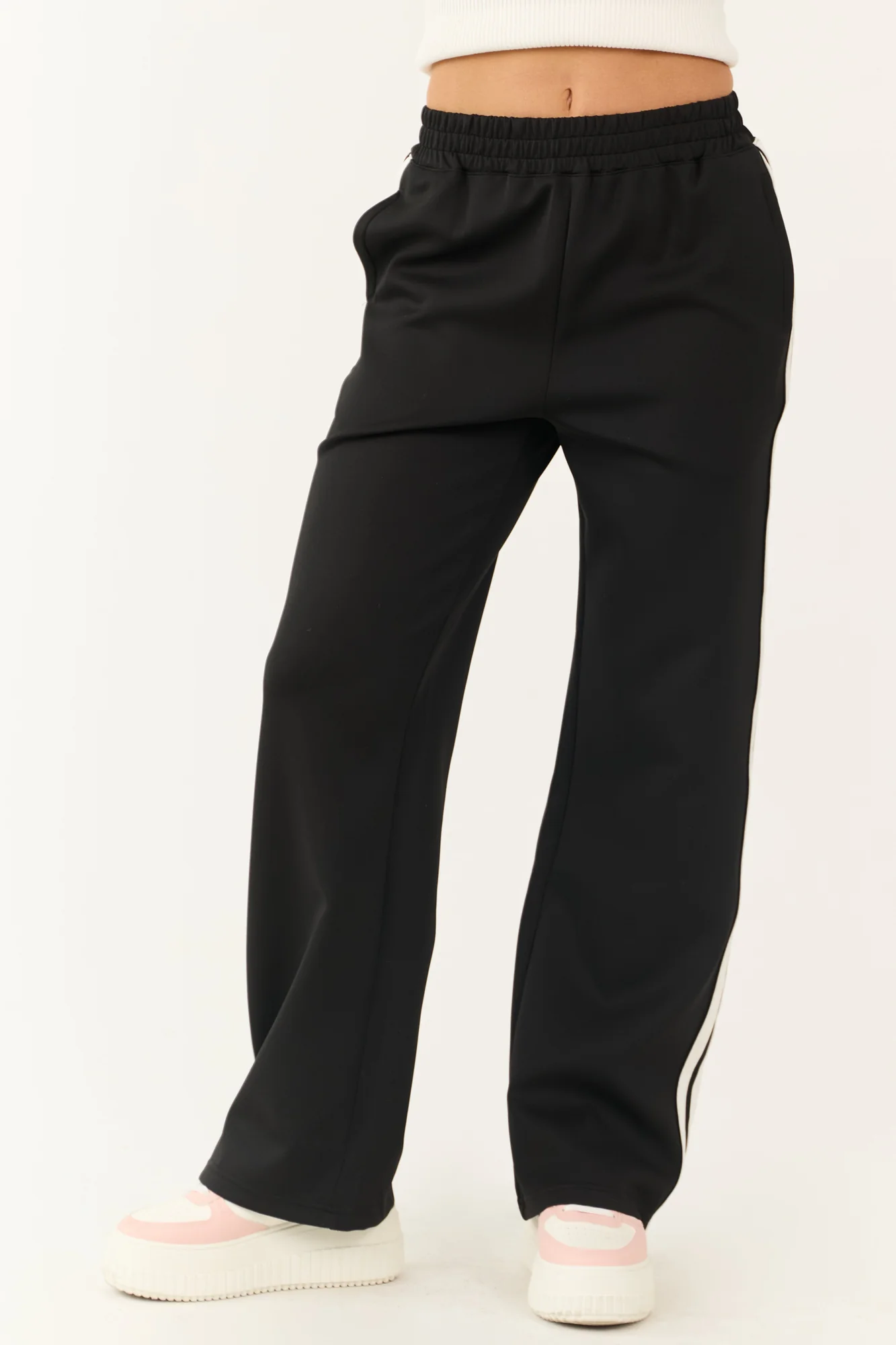 Black Side Stripe Wide Leg Casual Track Pants