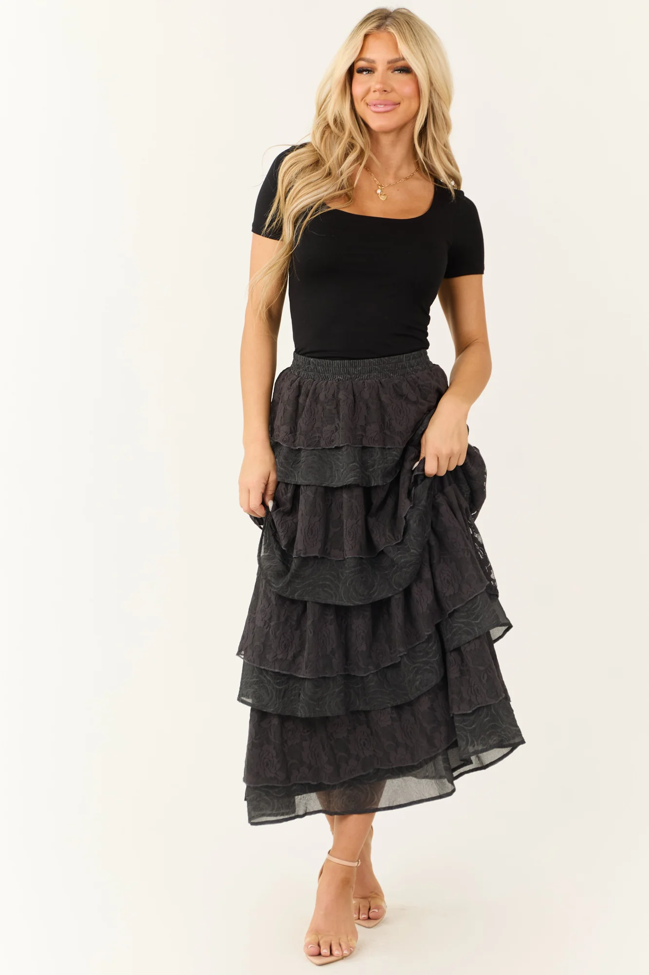 Charcoal Lace Tiered Maxi Skirt