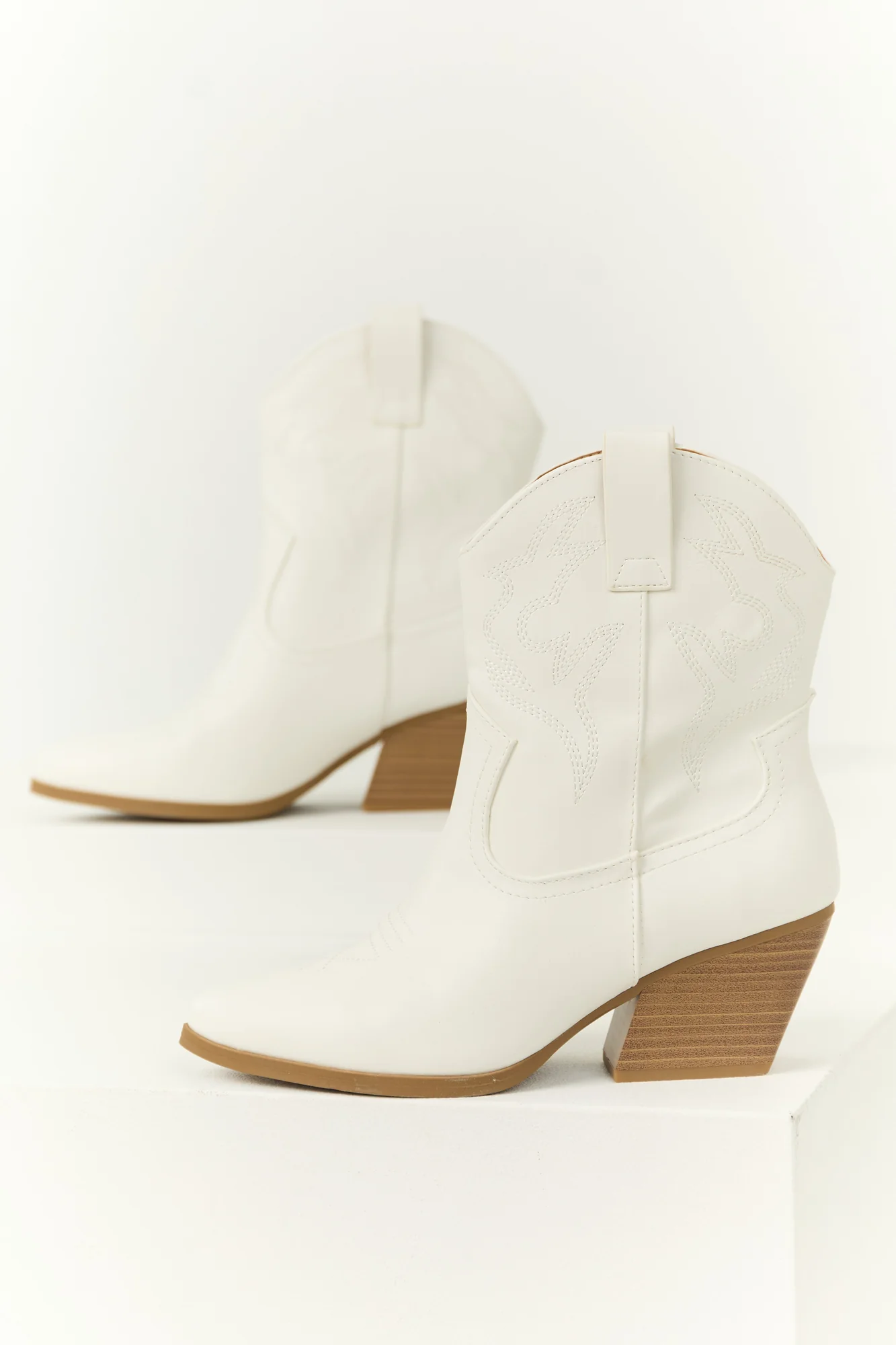 White Western Ankle Boots Stacked Heel Pointed Toe
