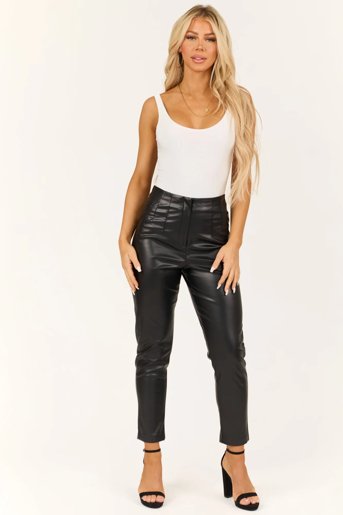 High Waisted Faux Leather Tapered Pants in Black