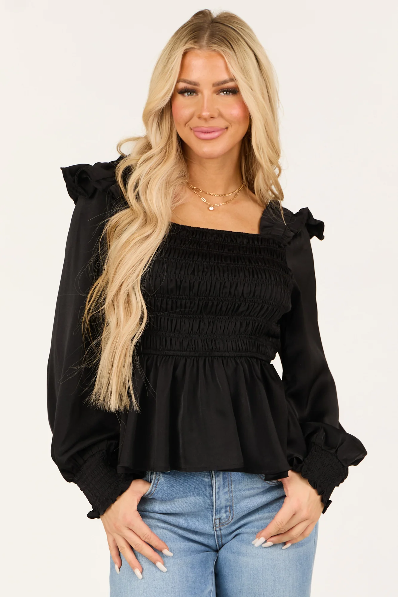 Black Satin Smocked Square Neck Peplum Blouse