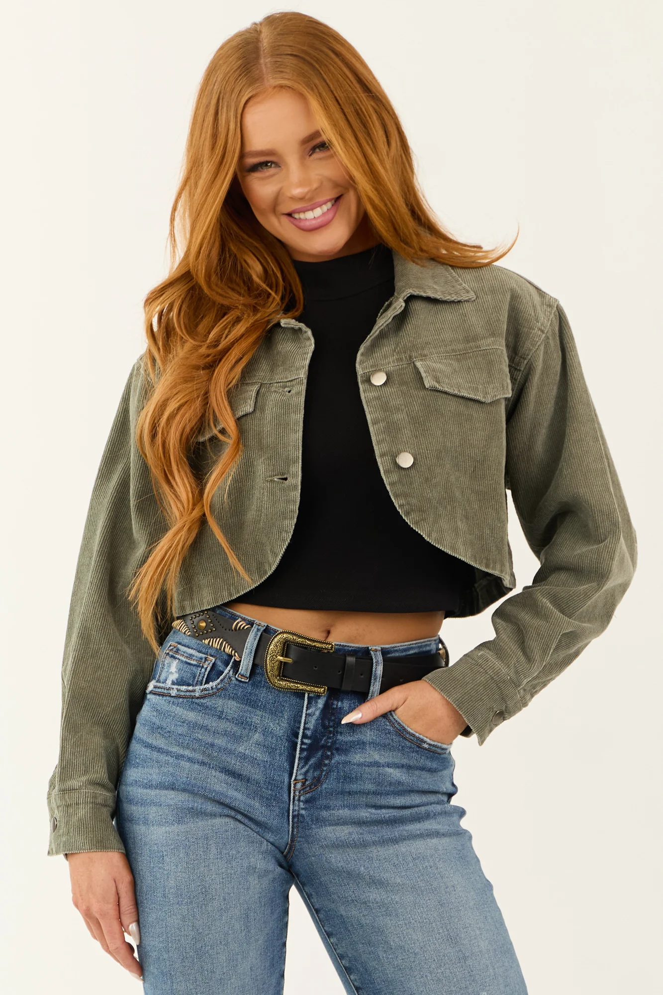 Green Corduroy Button Down Cropped Jacket