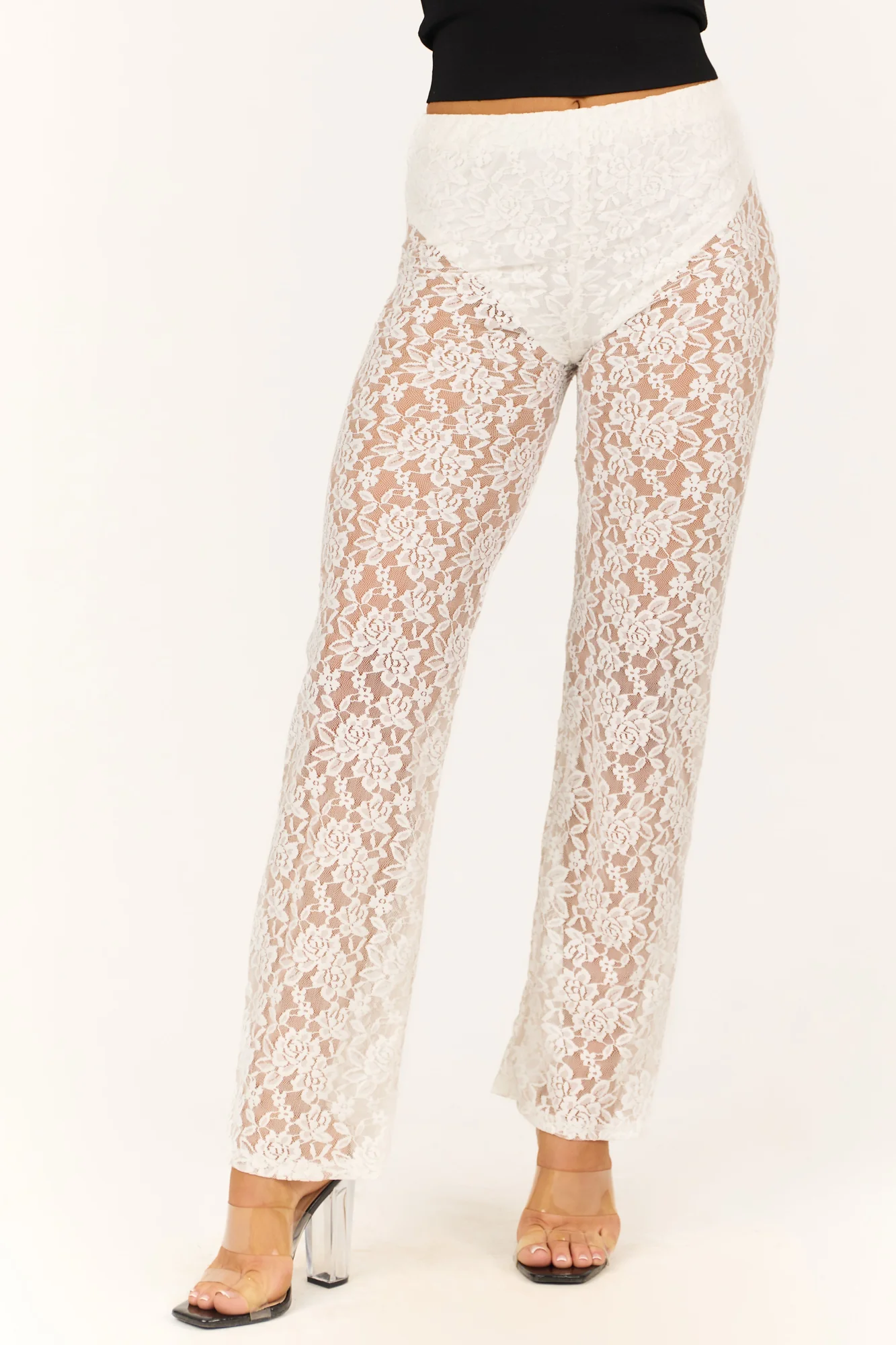 Ivory Lace High Waist Straight Leg Pants