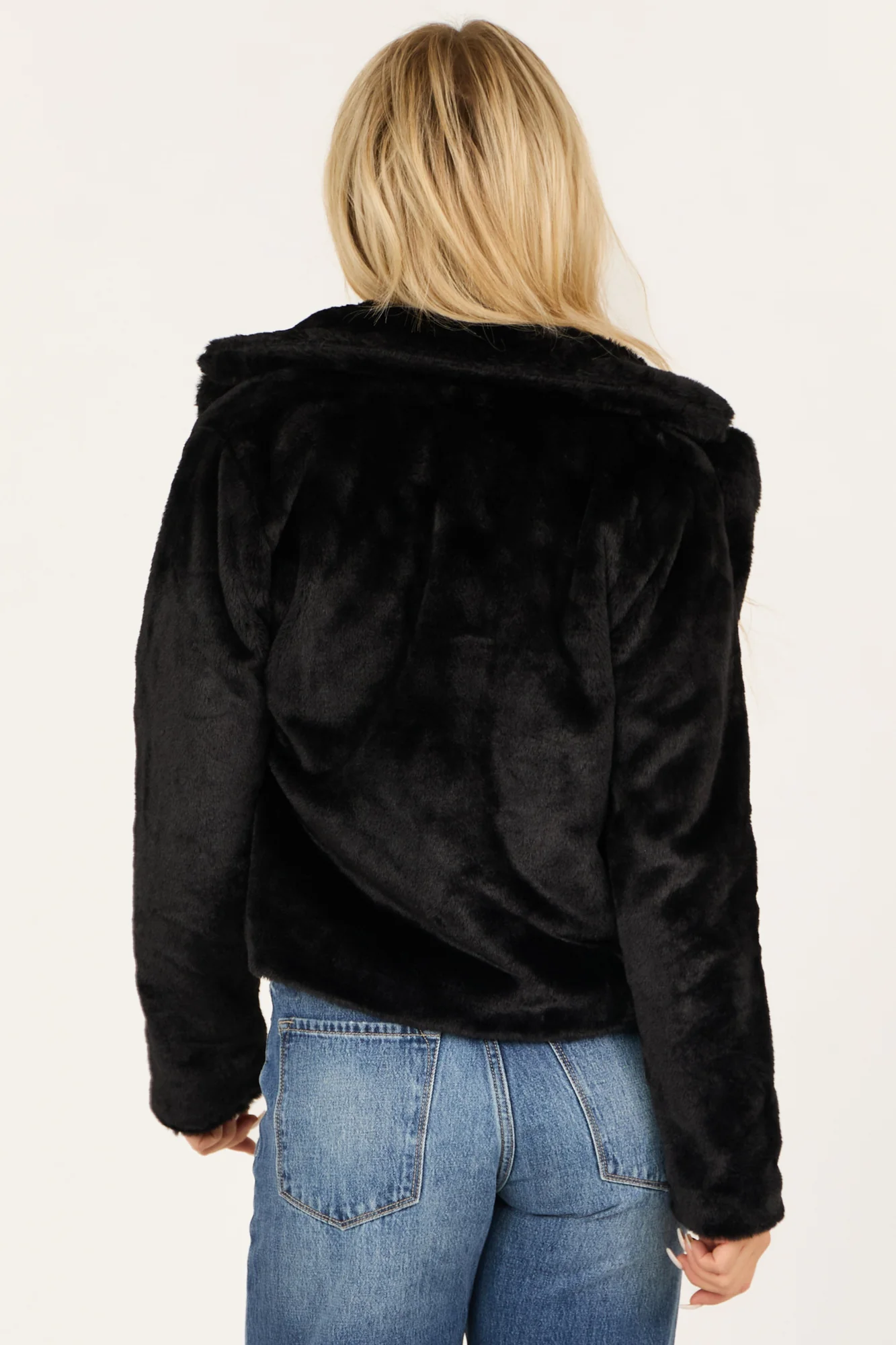 Open Front Faux Fur Collar Winter Jacket in Black