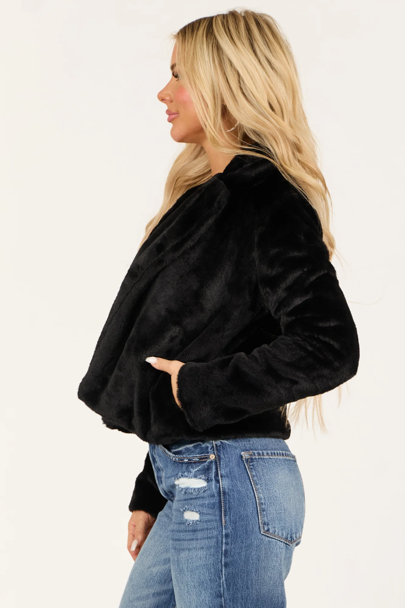 Open Front Faux Fur Collar Winter Jacket in Black