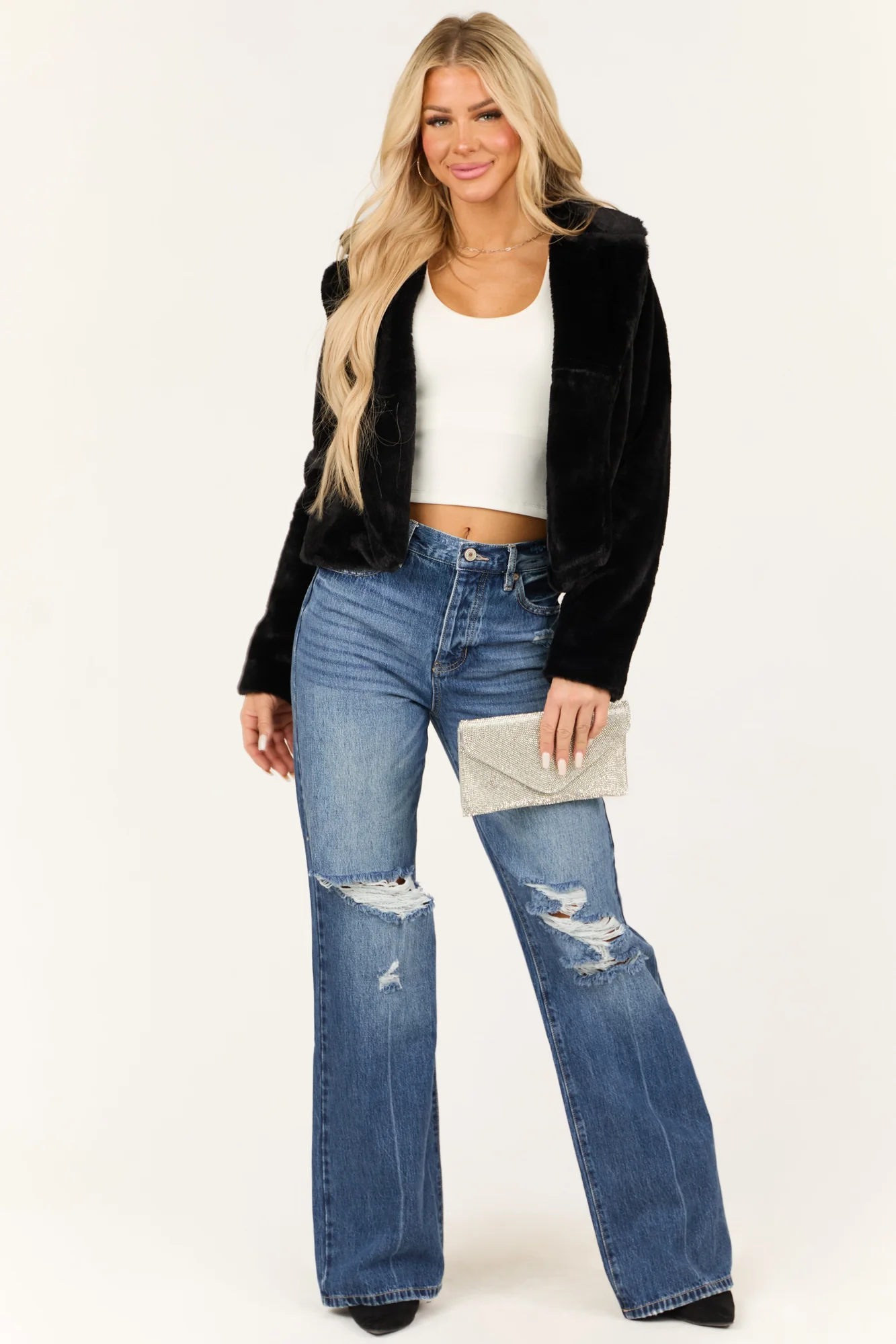 Open Front Faux Fur Collar Winter Jacket in Black