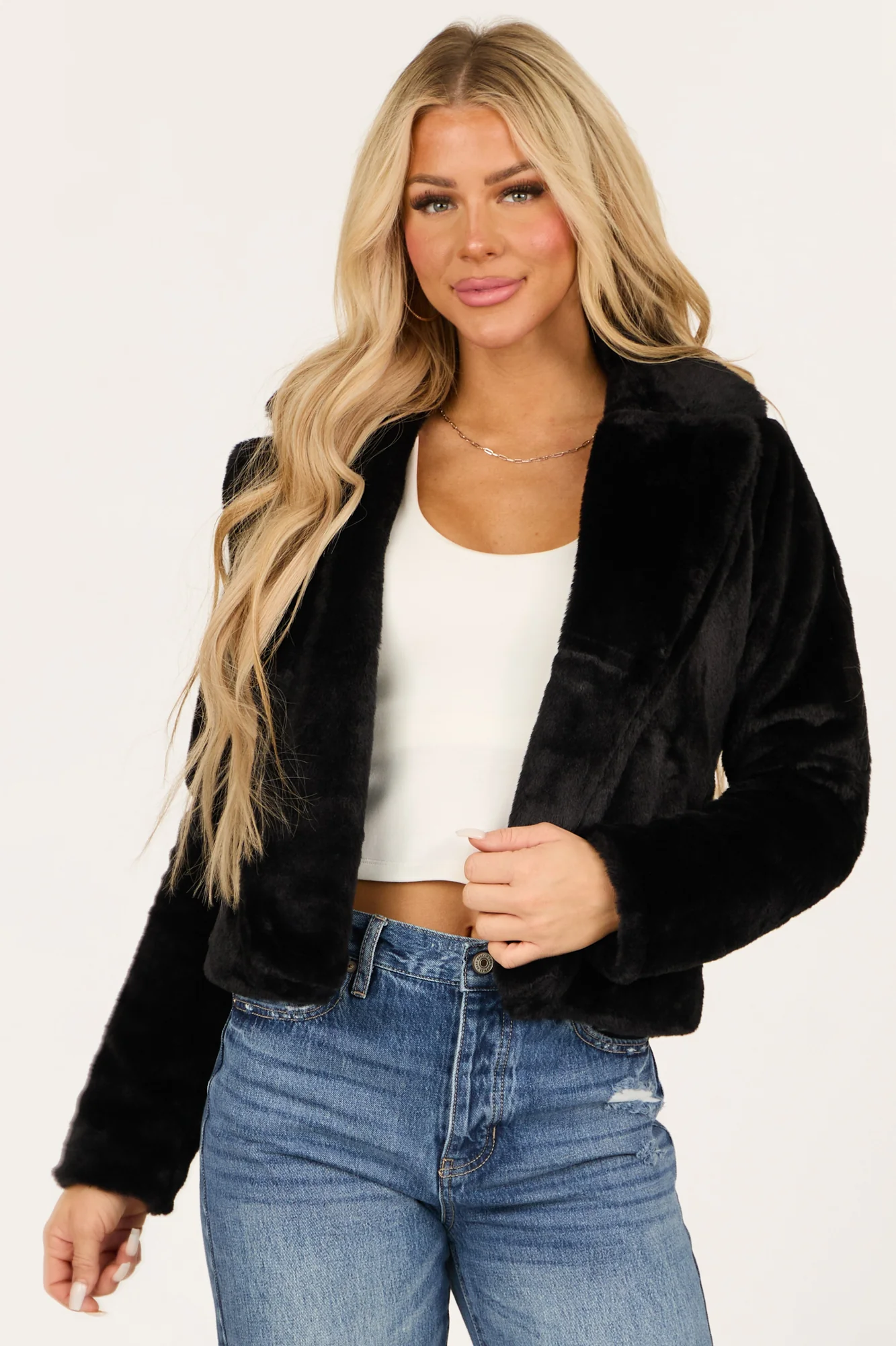 Open Front Faux Fur Collar Winter Jacket in Black