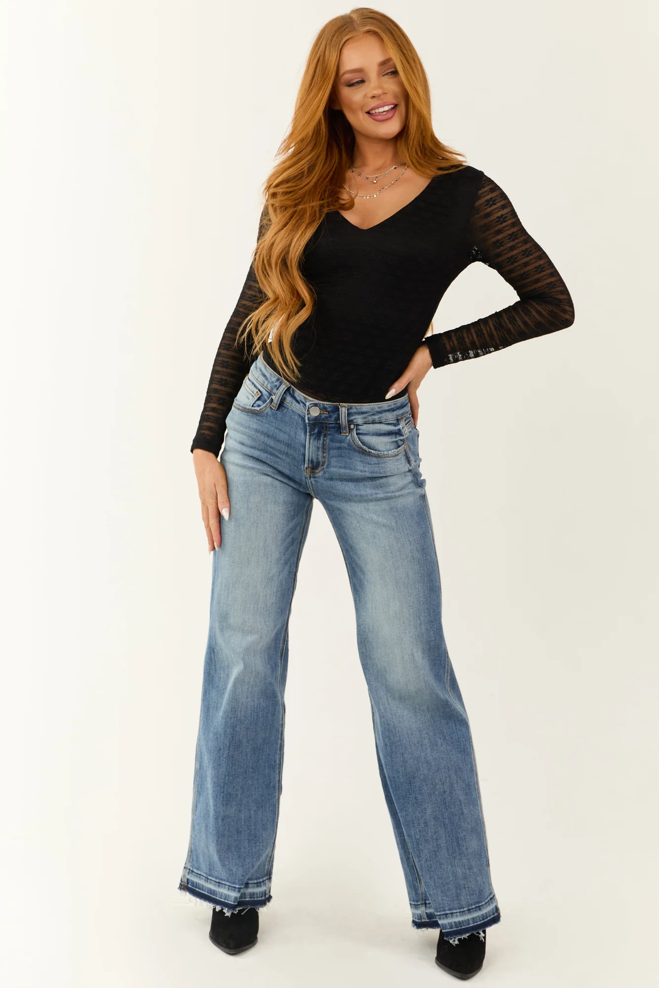 Floral Lace Deep V Neck Long Sleeve Black Bodysuit