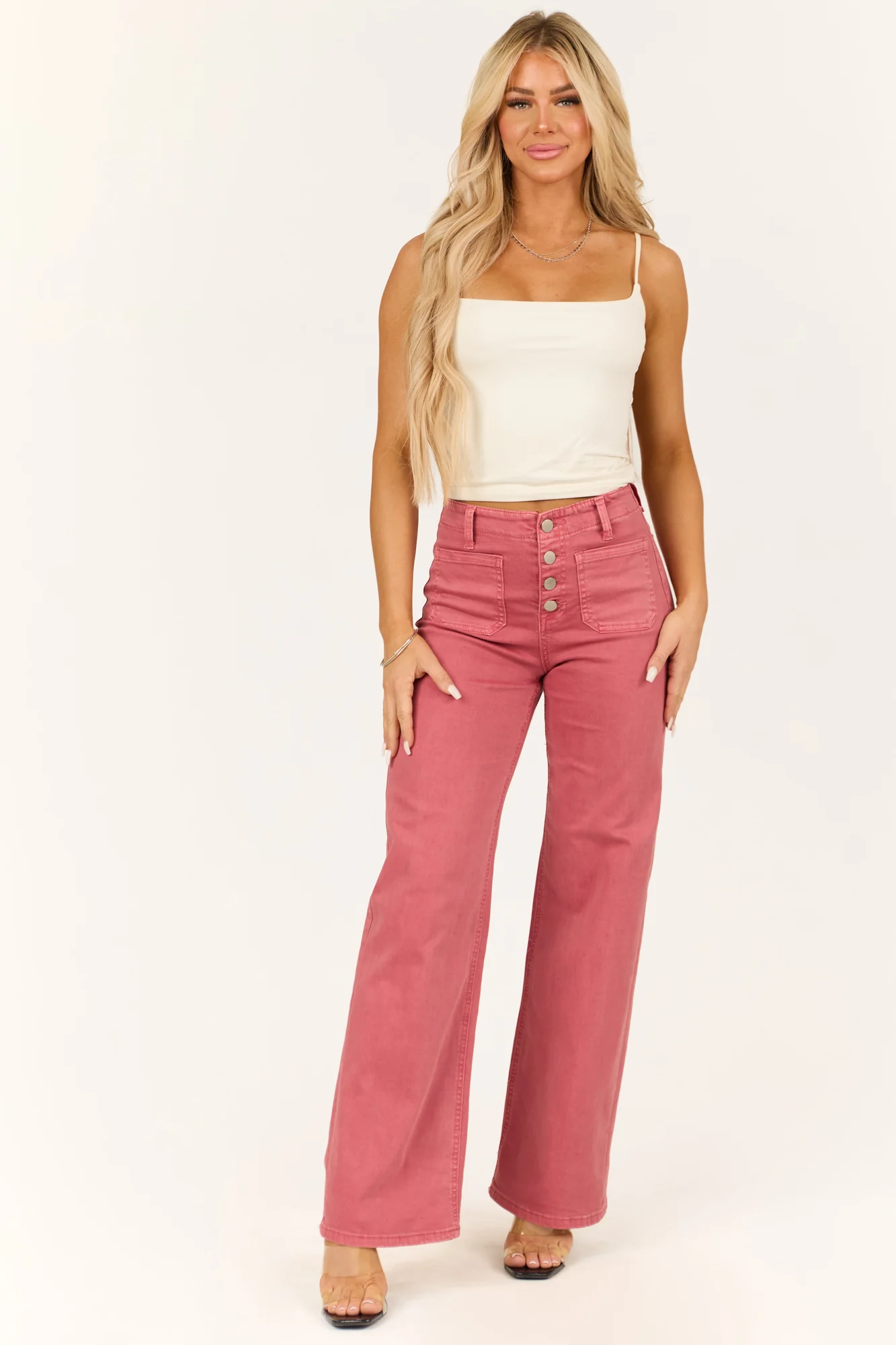 Dark Coral Wide Leg Denim Jeans