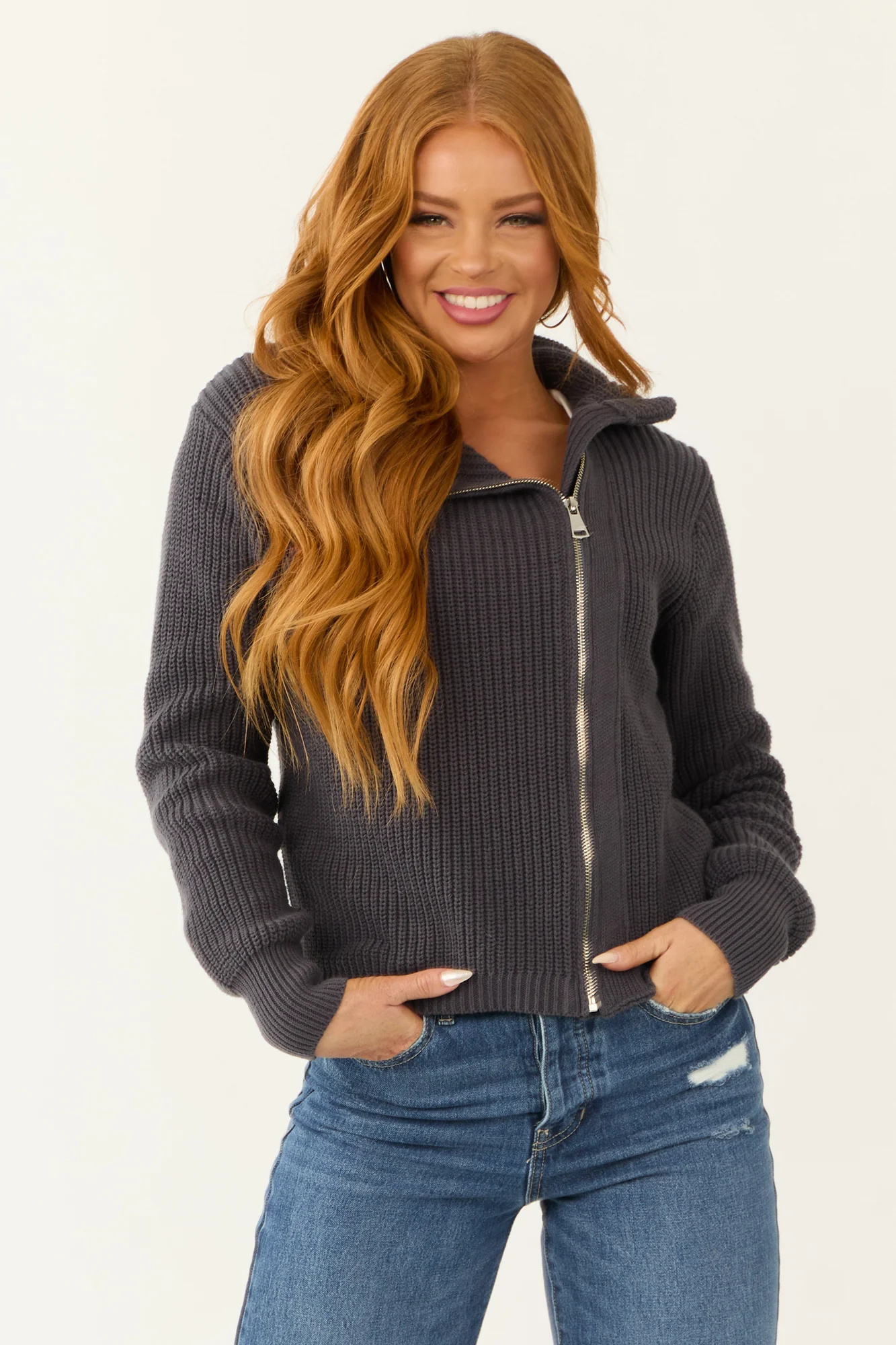 Grey Zip Up High Neck Jacket - Semi-Cropped Ribbed Knit