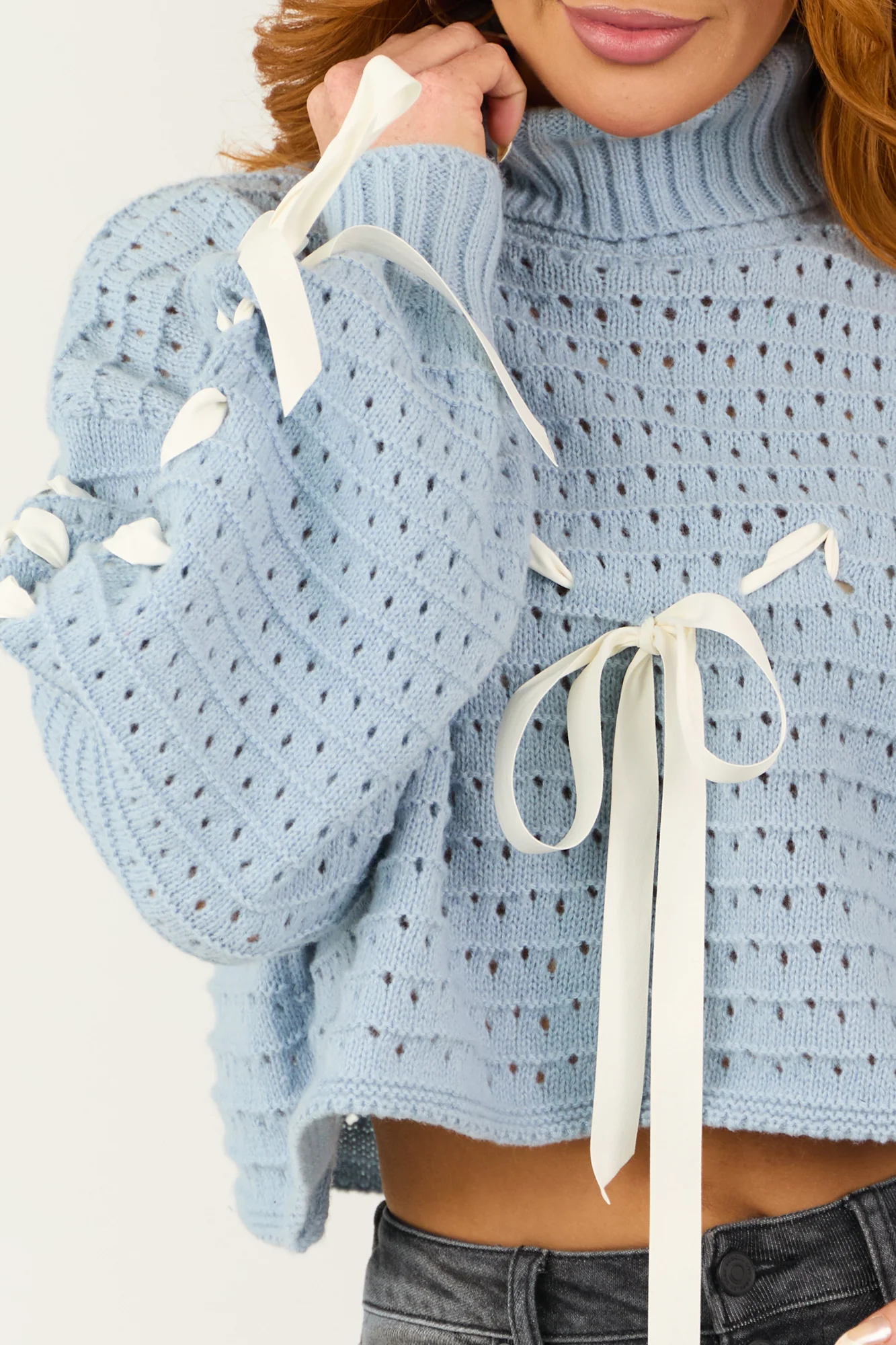 Powder Blue Pointelle Knit Bow Detail Crop Sweater