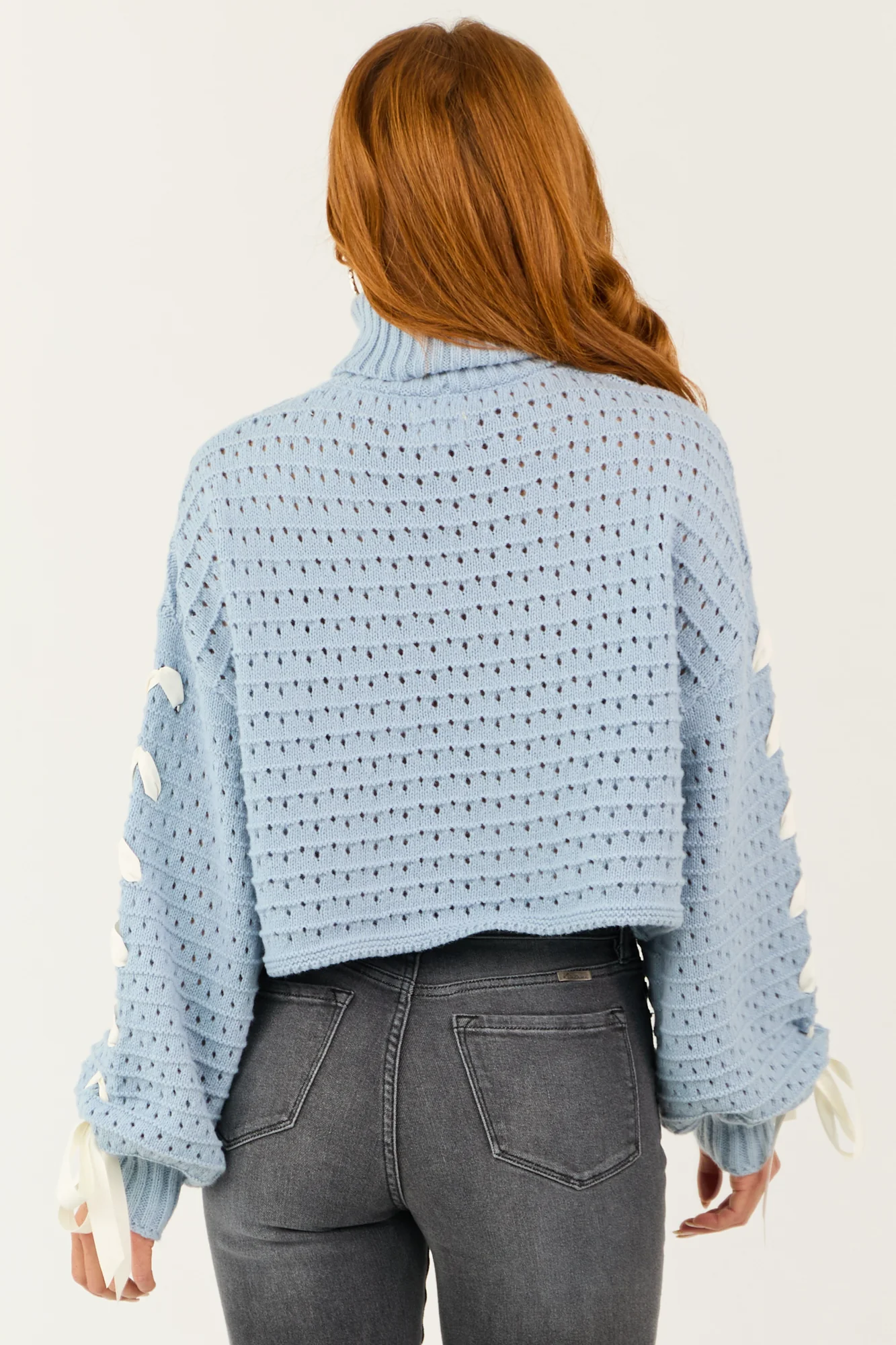 Powder Blue Pointelle Knit Bow Detail Crop Sweater