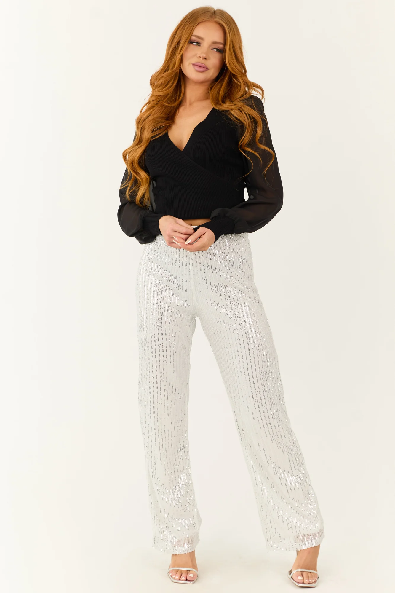 Sequin Mesh High Waist Wide Leg Pants - Silver