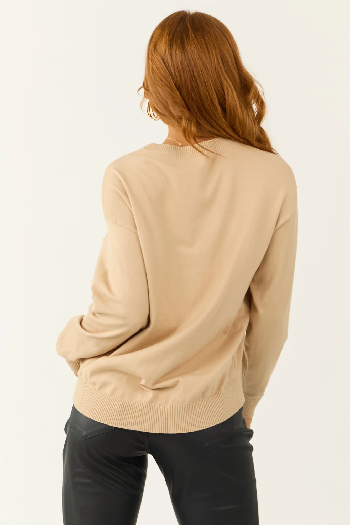 Beige V-Neck Ribbed Knit Sweater