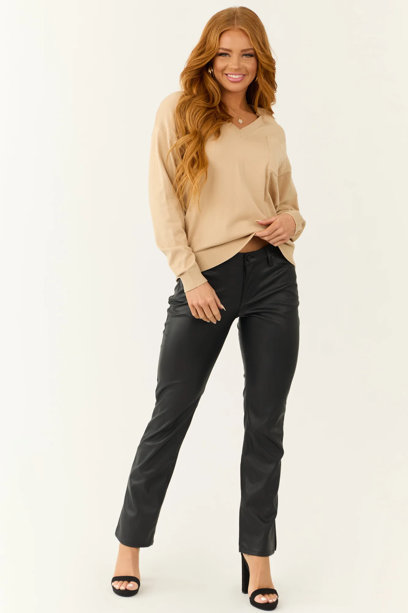 Beige V-Neck Ribbed Knit Sweater