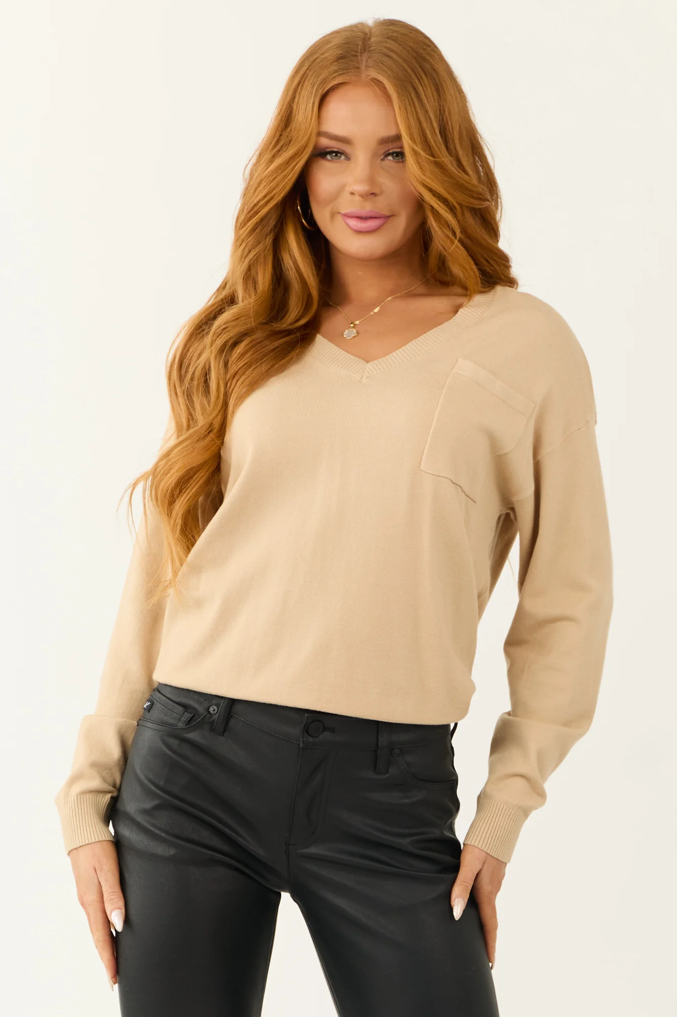 Beige V-Neck Ribbed Knit Sweater