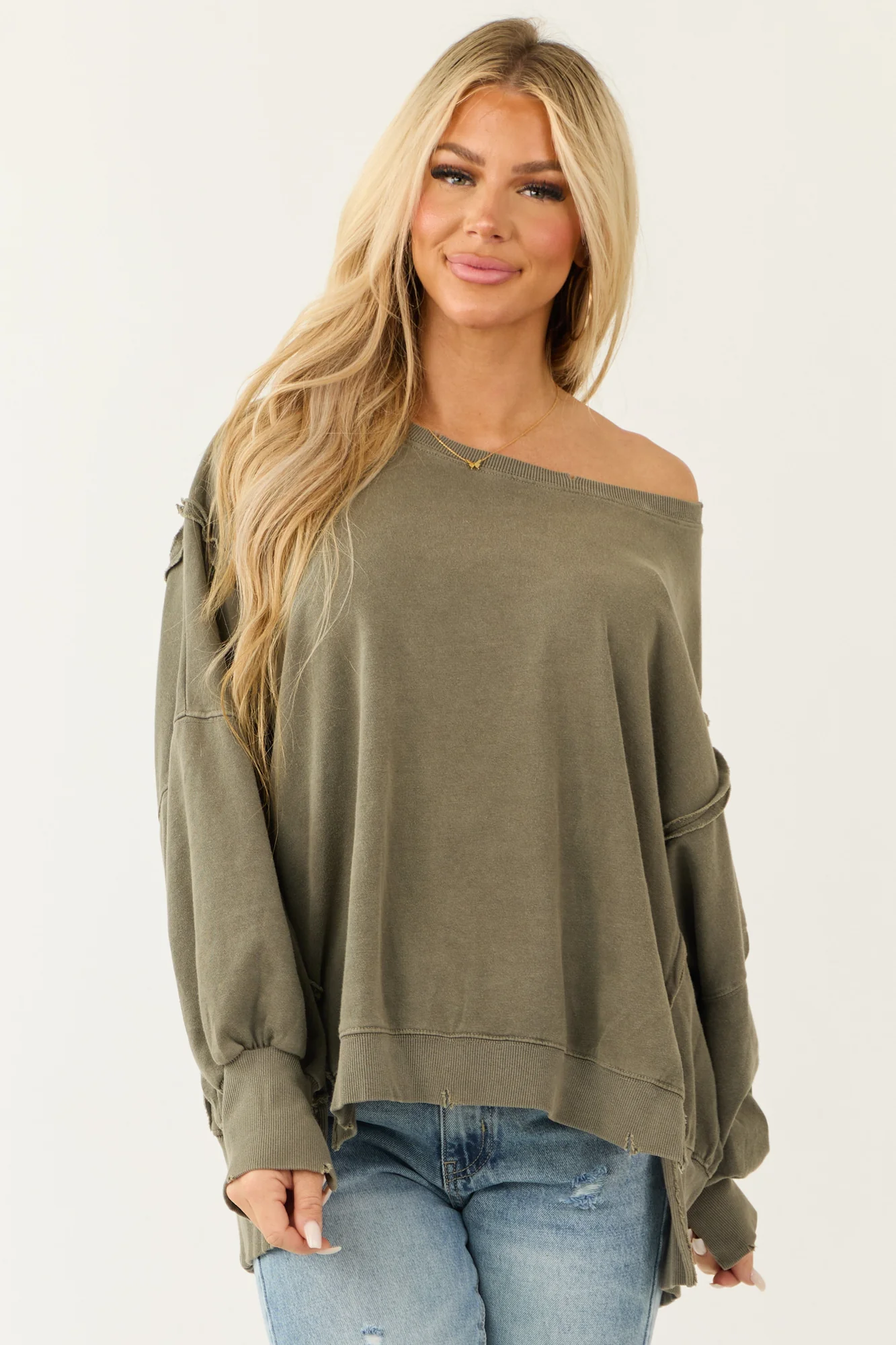 Oversized Green Knit Top, Boatneck Style, Army Color