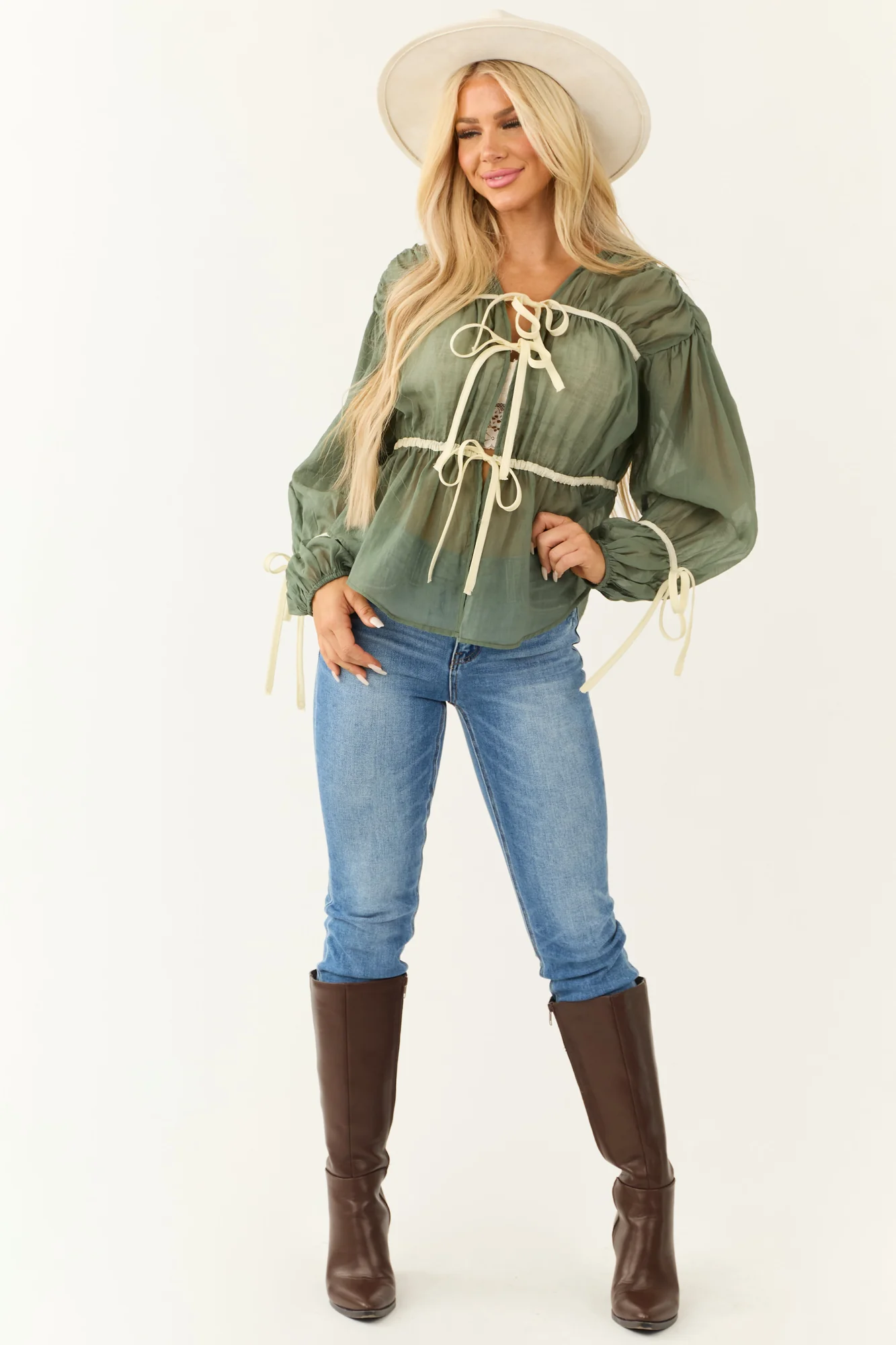Olive Long Sleeve Tie Front Blouse
