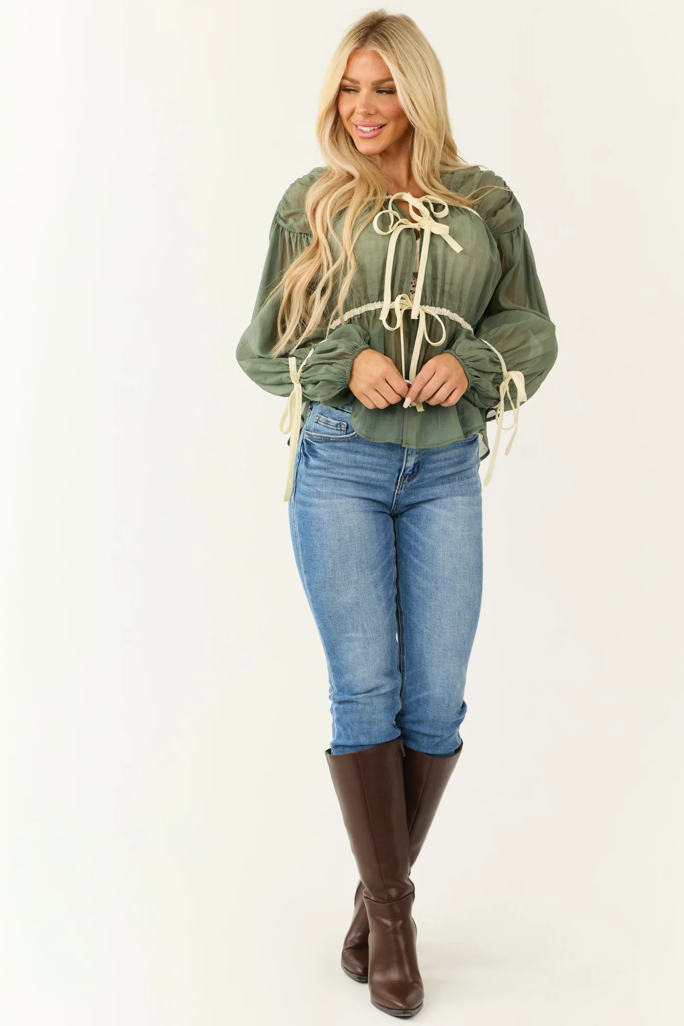 Olive Long Sleeve Tie Front Blouse