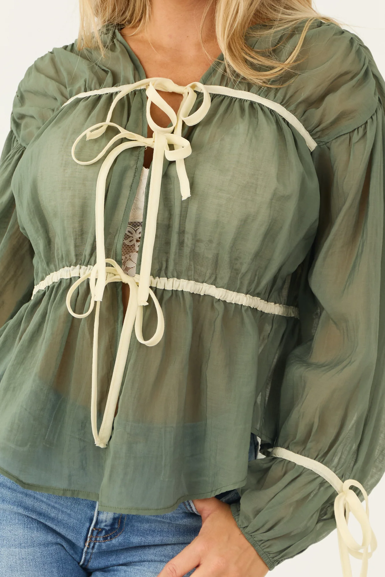 Olive Long Sleeve Tie Front Blouse