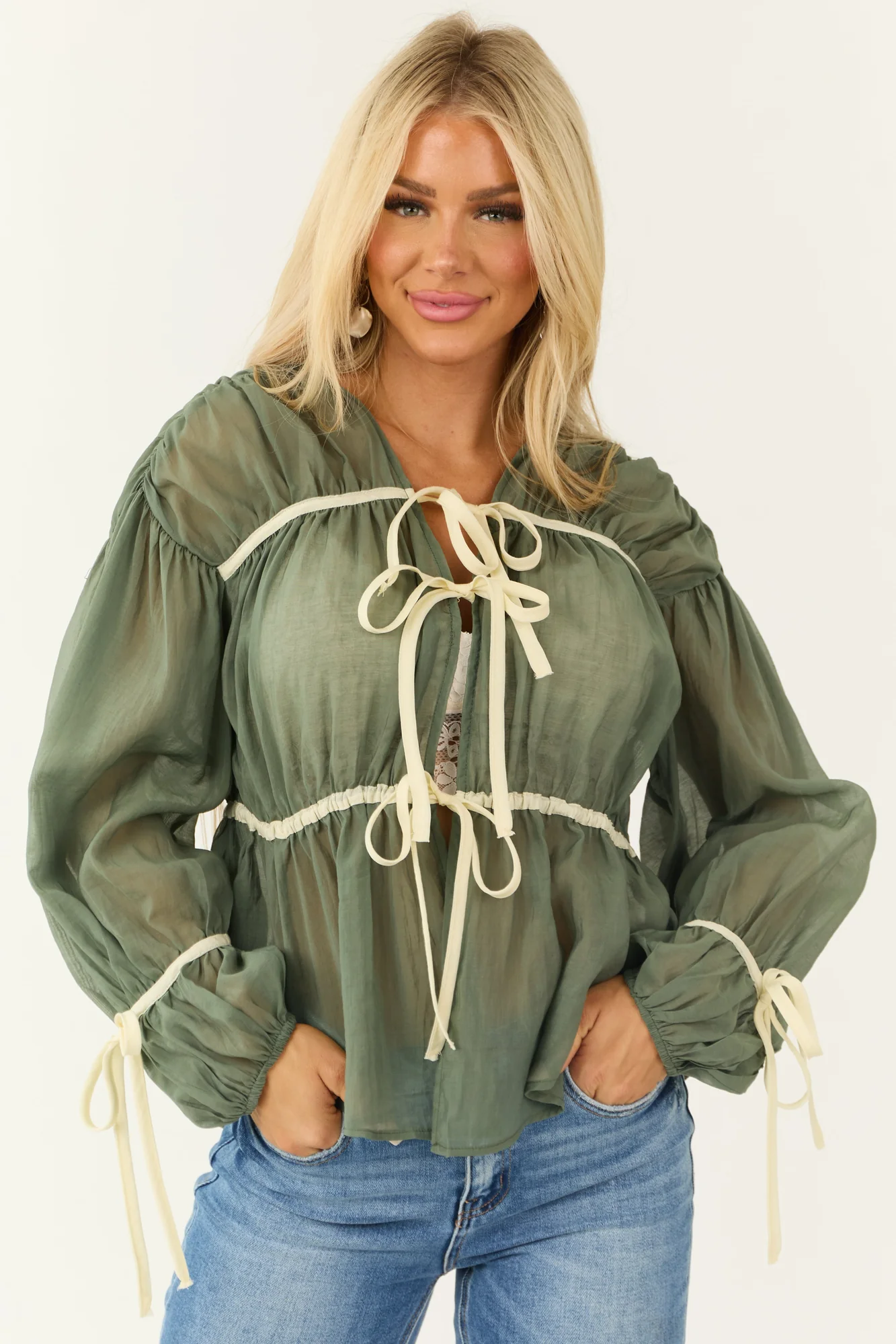 Olive Long Sleeve Tie Front Blouse