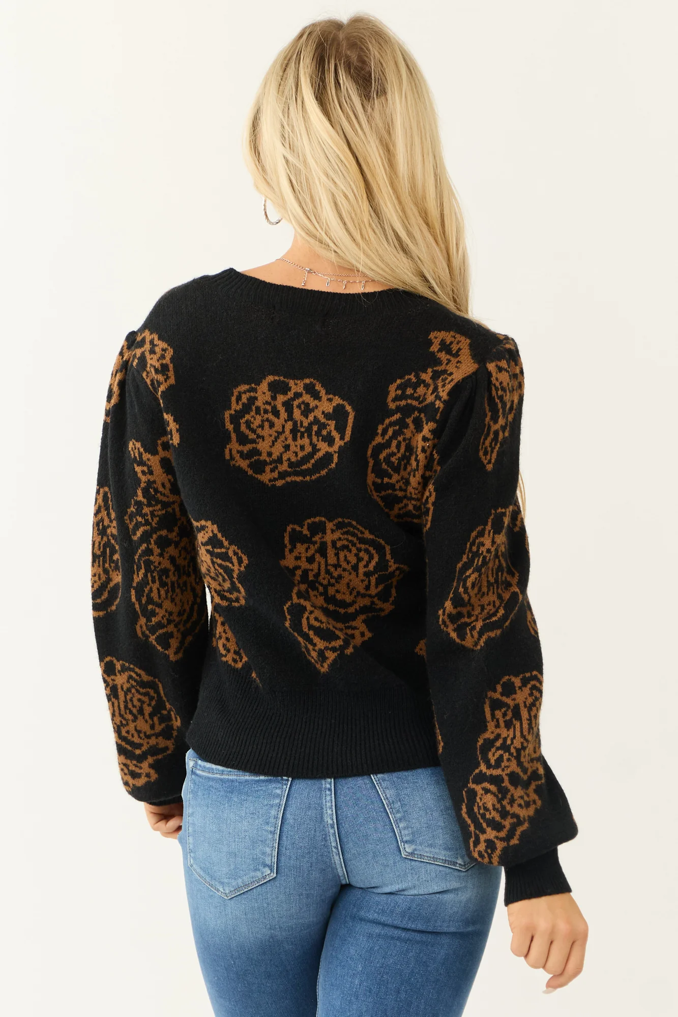 Floral Pattern Knit Sweater - Black Long Sleeve