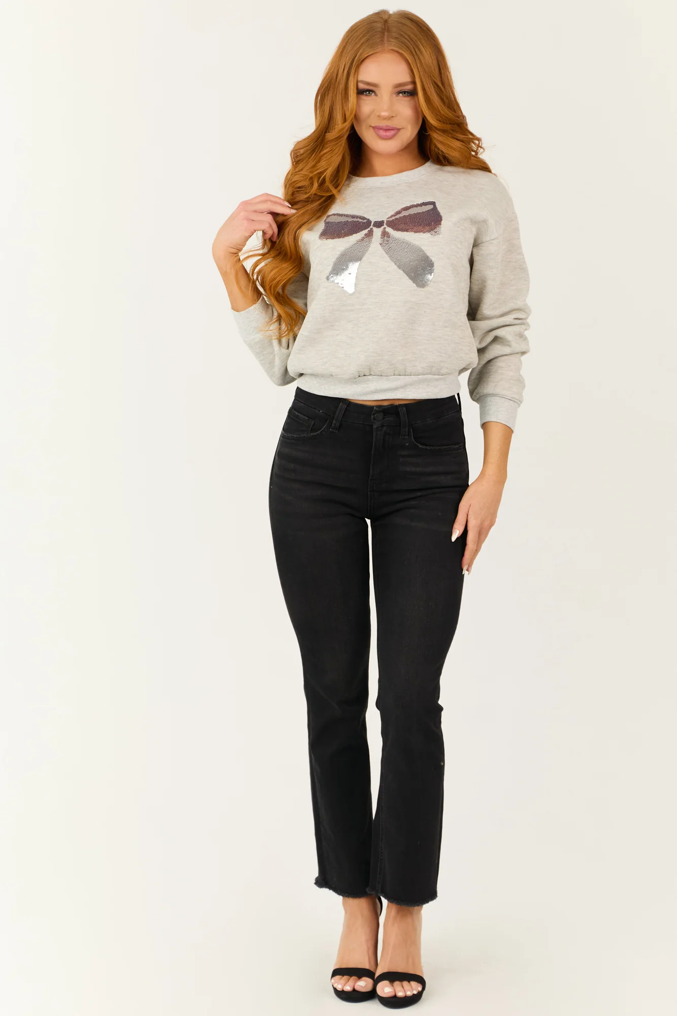 Grey Reversible Sequin Bow Graphic Sweatshirt