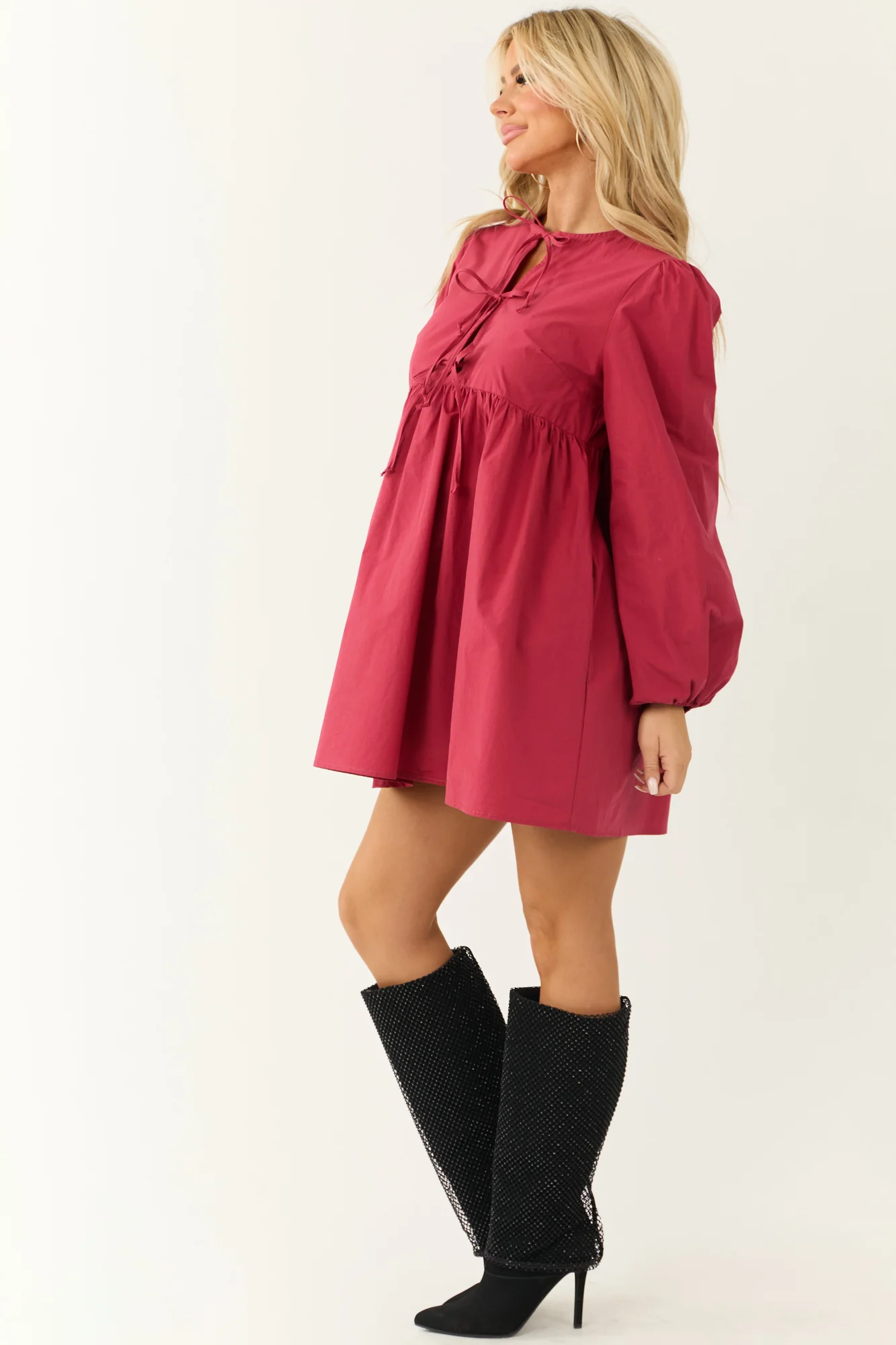 Crimson Poplin Short Dress with Puff Sleeves