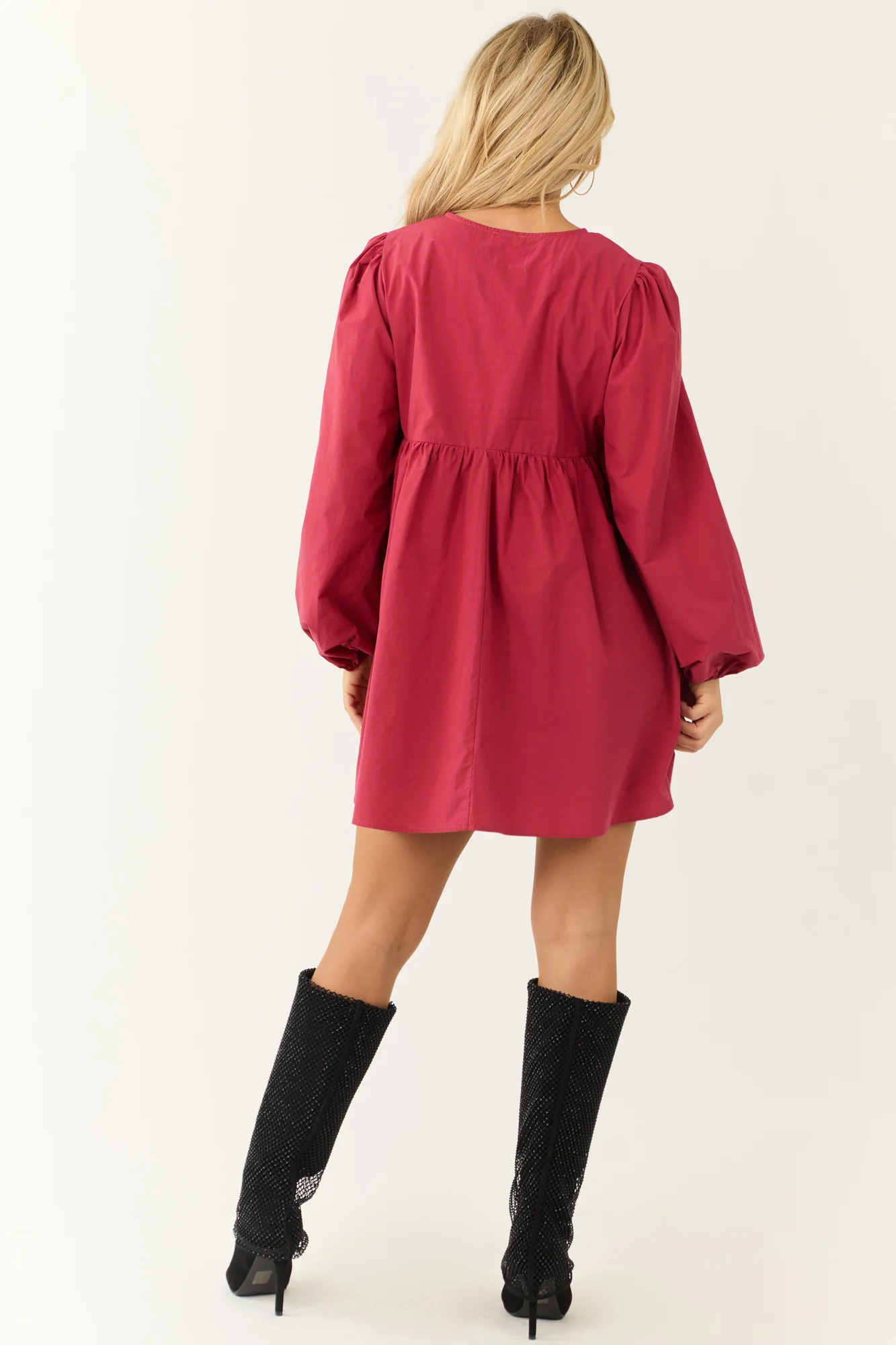 Crimson Poplin Short Dress with Puff Sleeves