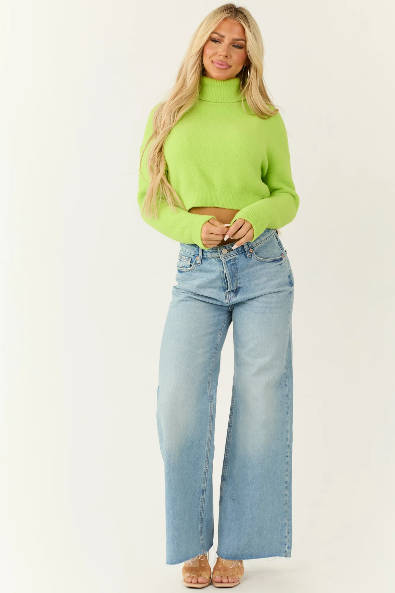Green Knit Cropped Turtleneck Sweater
