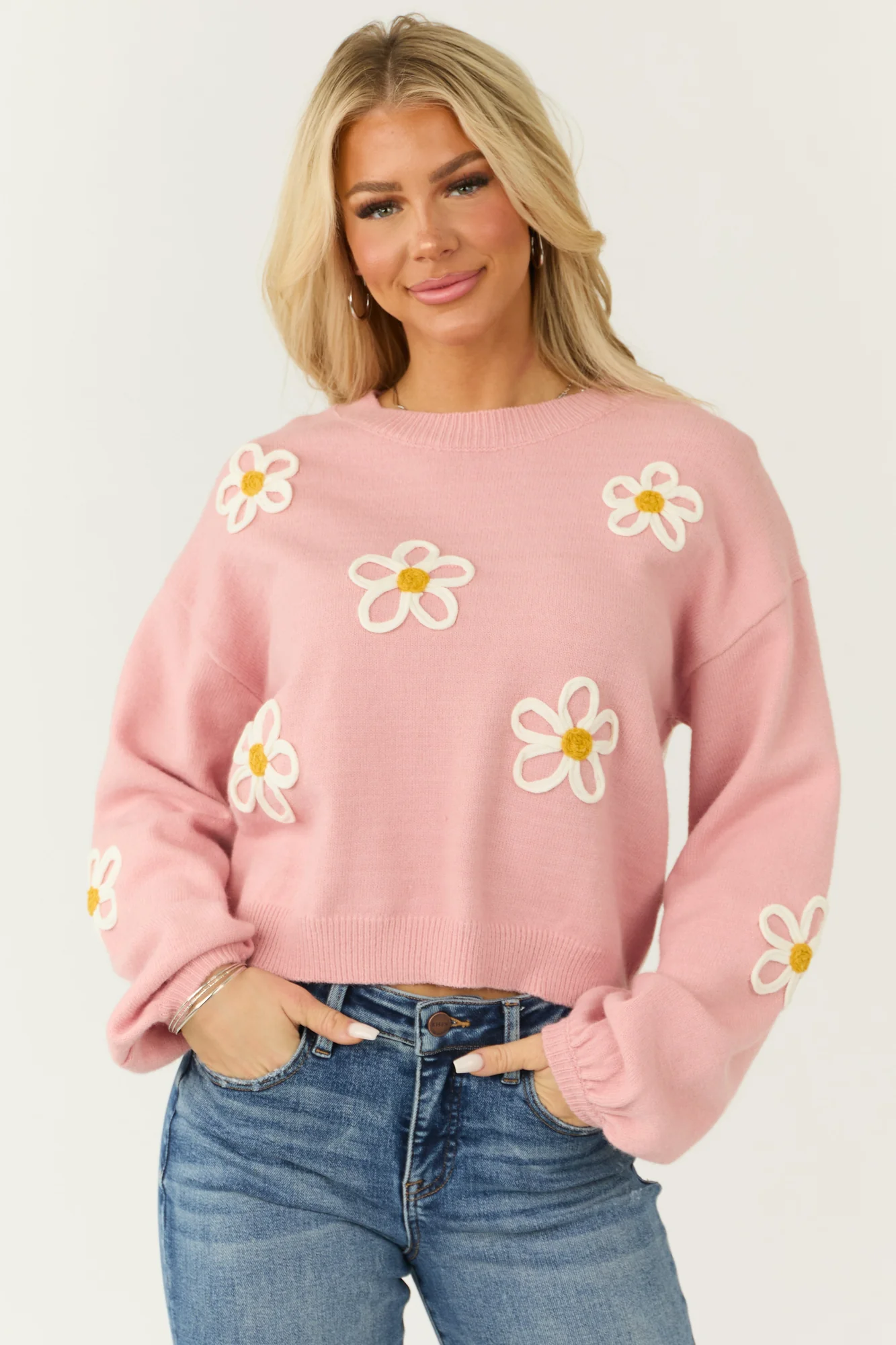 Floral Embroidered Puff Sleeve Sweater in Carnation Color