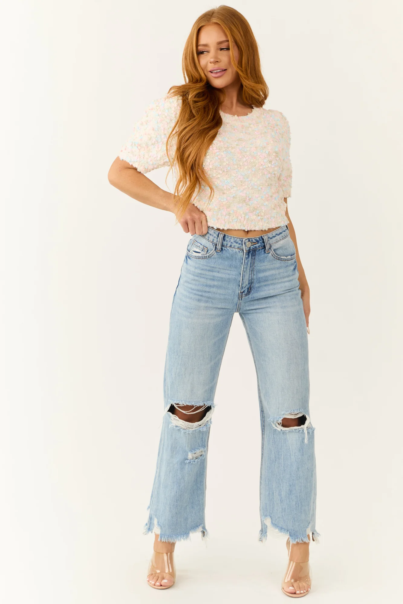 Cream Popcorn Knit Cropped Sweater - Soft and Cozy Knitwear