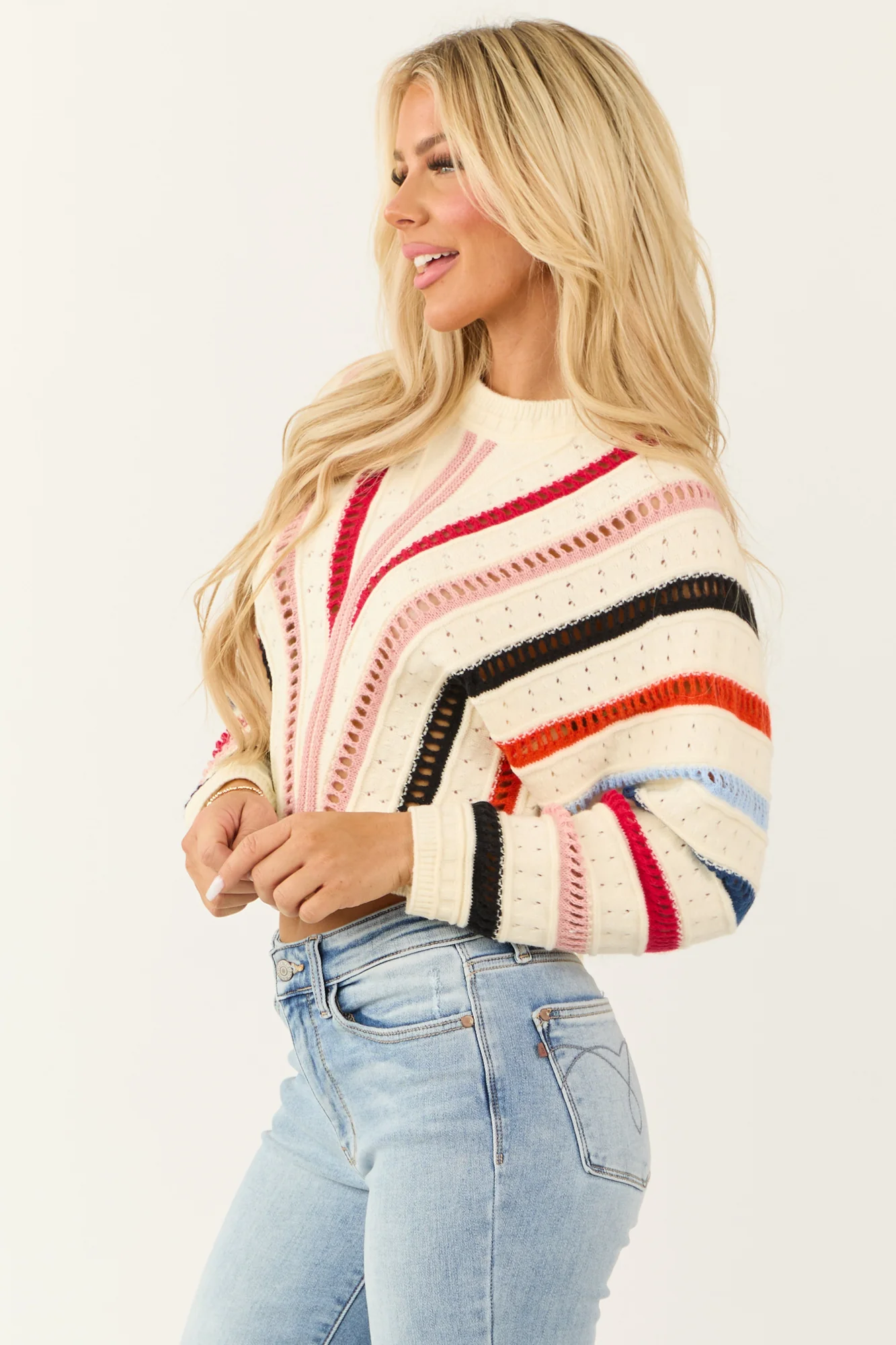 Colorful Striped Knit Sweater - Ribbed Trim, Dolman Sleeves
