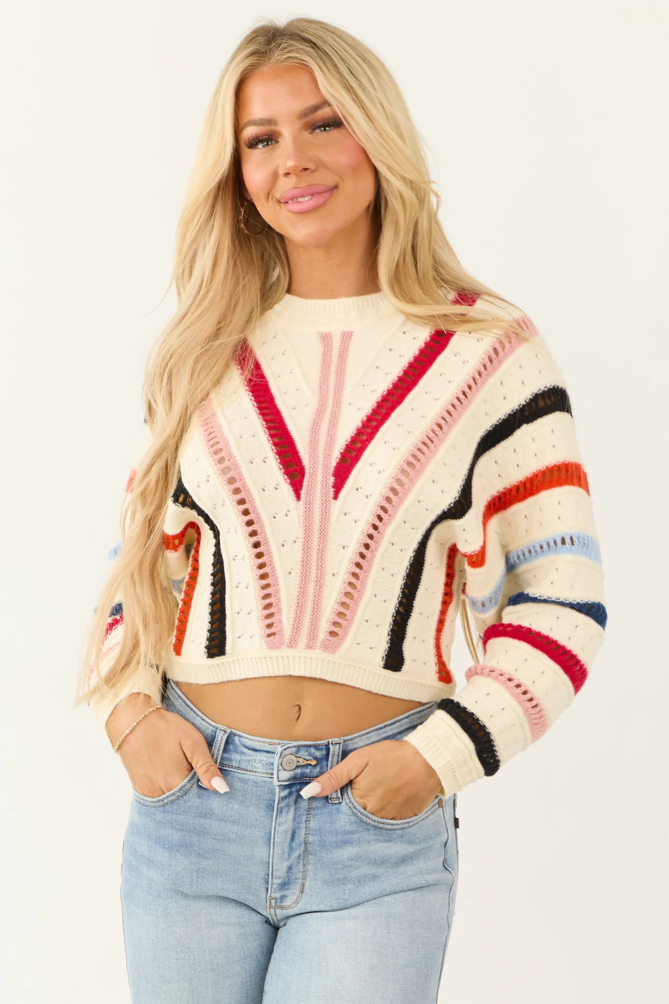 Colorful Striped Knit Sweater - Ribbed Trim, Dolman Sleeves