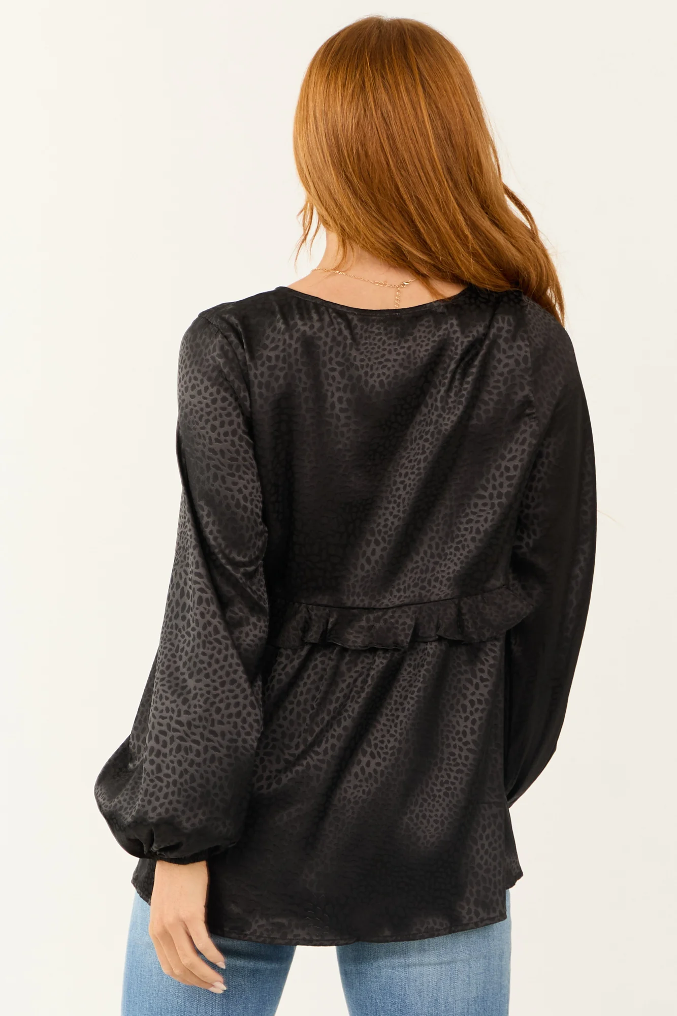 Black Animal Print Ruffle Satin Babydoll Blouse