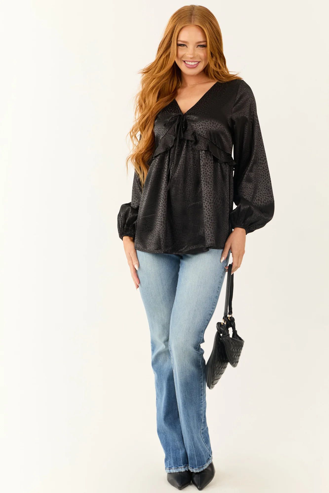 Black Animal Print Ruffle Satin Babydoll Blouse